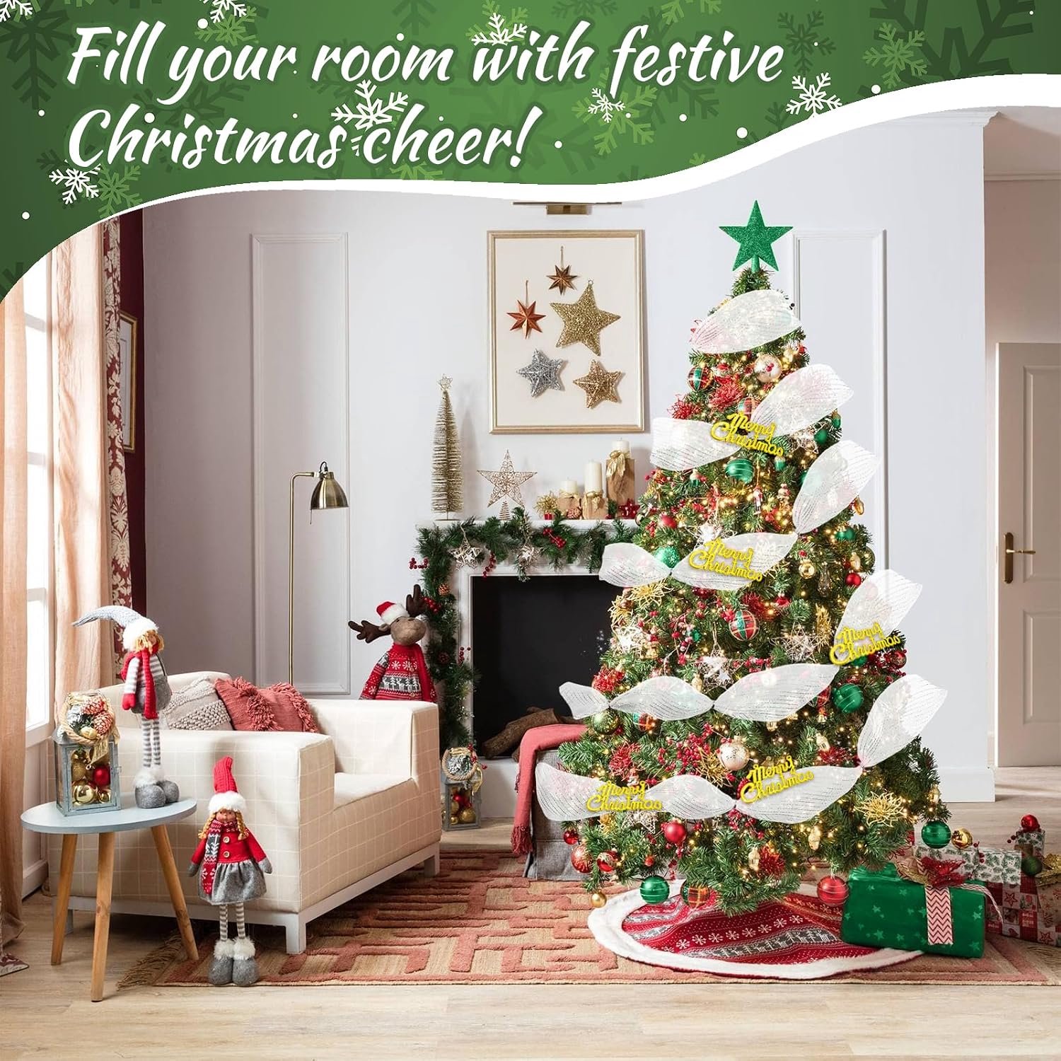 Kerstlint - 25 cm * 9,1 m - DIY Kerstboom mesh rol scène lay-out - mesh lint - Kerstdecoratie - Kerst mesh lint rol - feestdecoratie - mesh lintrol - vaak gebruikt voor het versieren van slingers, kerstbomen en geschenkverpakkingen - wit zilverdraad – foto 3
