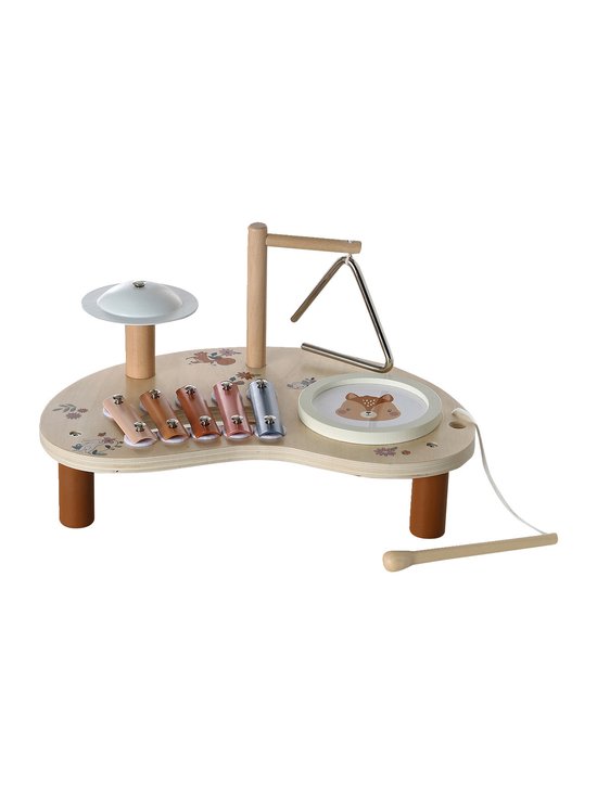 Muzikale activiteitentafel met xylofoon, bekken, triangel en houten hamer.