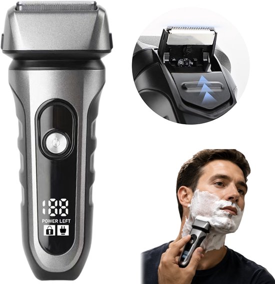 Scheerapparaat met pop-up trimmer en man die zich nat scheert met scheerschuim.