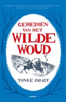 Boekomslag 'Geheimen van het Wilde Woud' met twee ruiters te paard in een wit ovaal tegen een blauwe achtergrond.