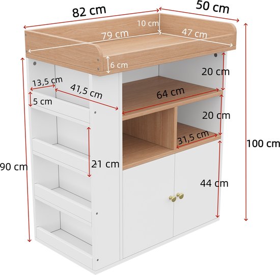 Witte commode met houten details en afmetingen in cm aangegeven, met zijkanten voor opslag en kastjes onderaan.