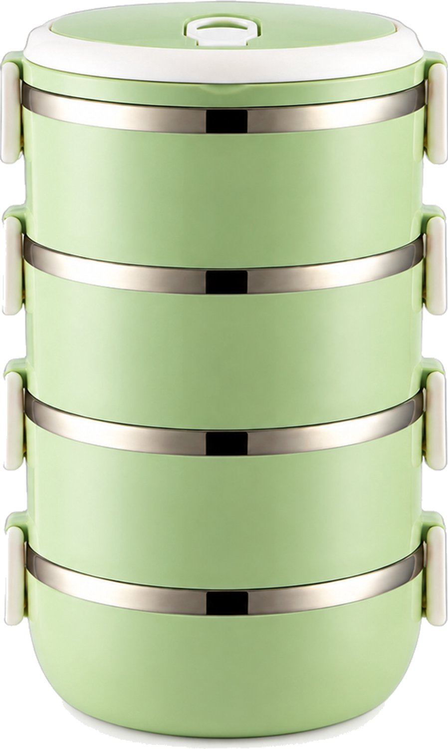 Broodtrommel, groen en rond, vier lagen met deksel en zijclips, materiaal 201, verpakkingsmaat 15 × 15 × 23 cm