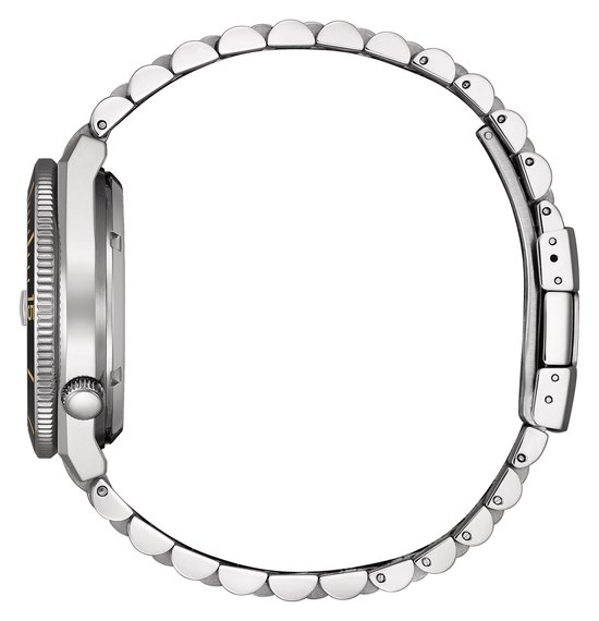 Zijaanzicht van het Citizen horloge met kroon en stalen schakelband.