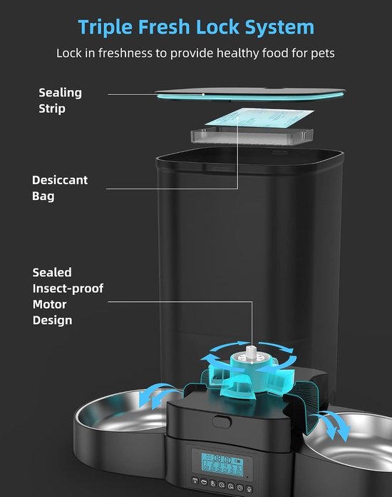 Automatische Voerdispenser voor 2 Katten of Honden, 5L met Timer, Evenredige Voedselverdeling en 10s Stemopname voor 1-6 Maaltijden per Dag — afbeelding 3