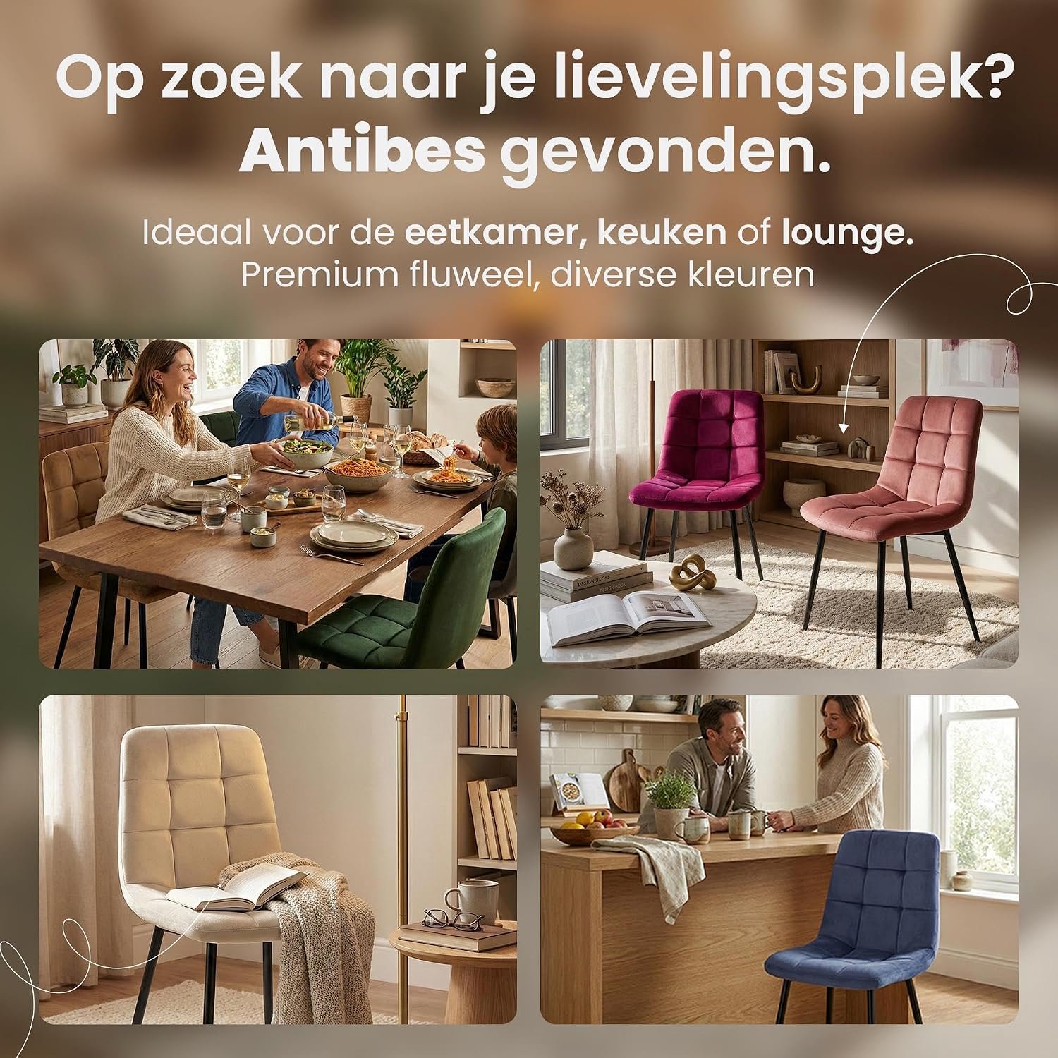 Set van 4 Roze Fluwelen Eetkamerstoelen Antibes met Metalen Frame, Gestoffeerde Zitting, Comfortabele Rugleuning en Vloerbeschermers