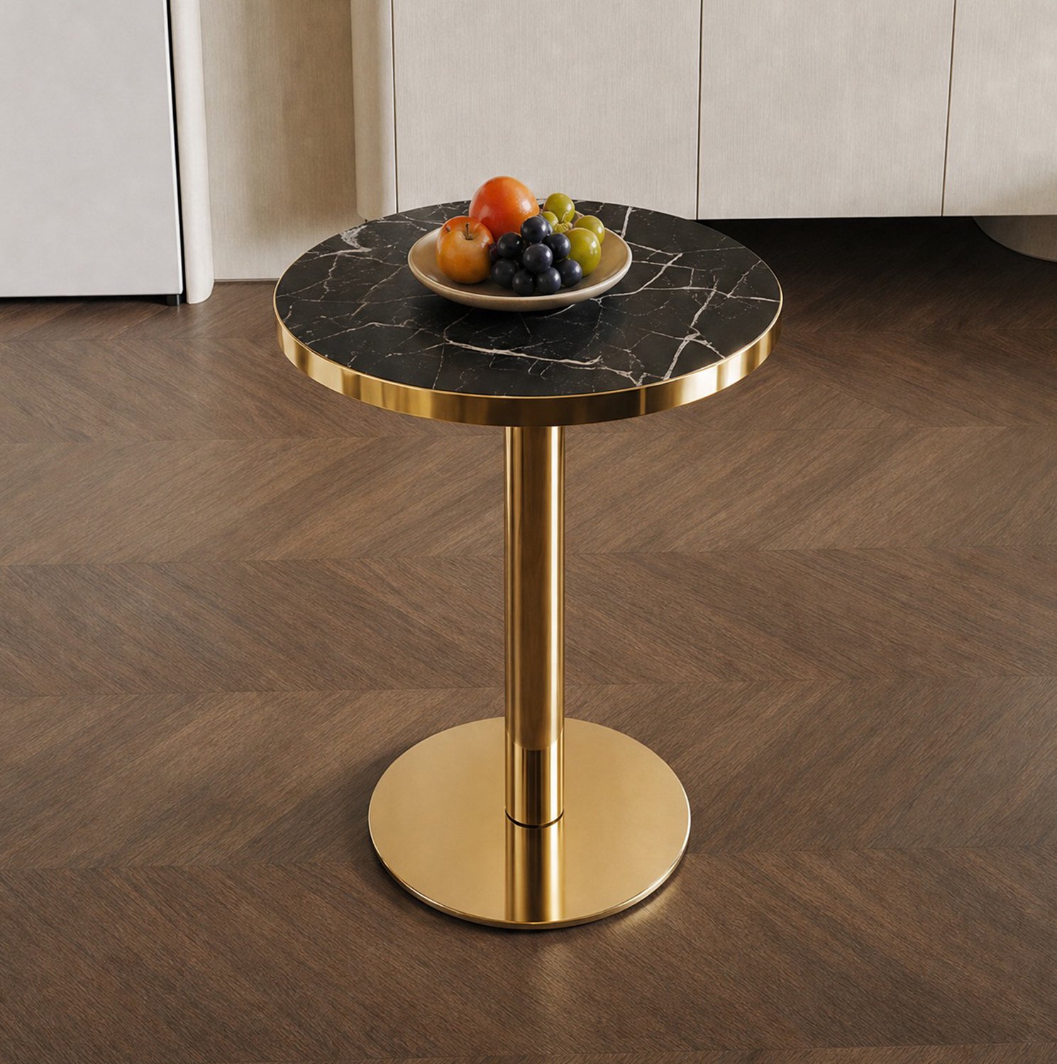 WUVRIE Ronde bijzettafel - UV-gecoat blad met marmerlook en RVS onderstel - Zwart/goud