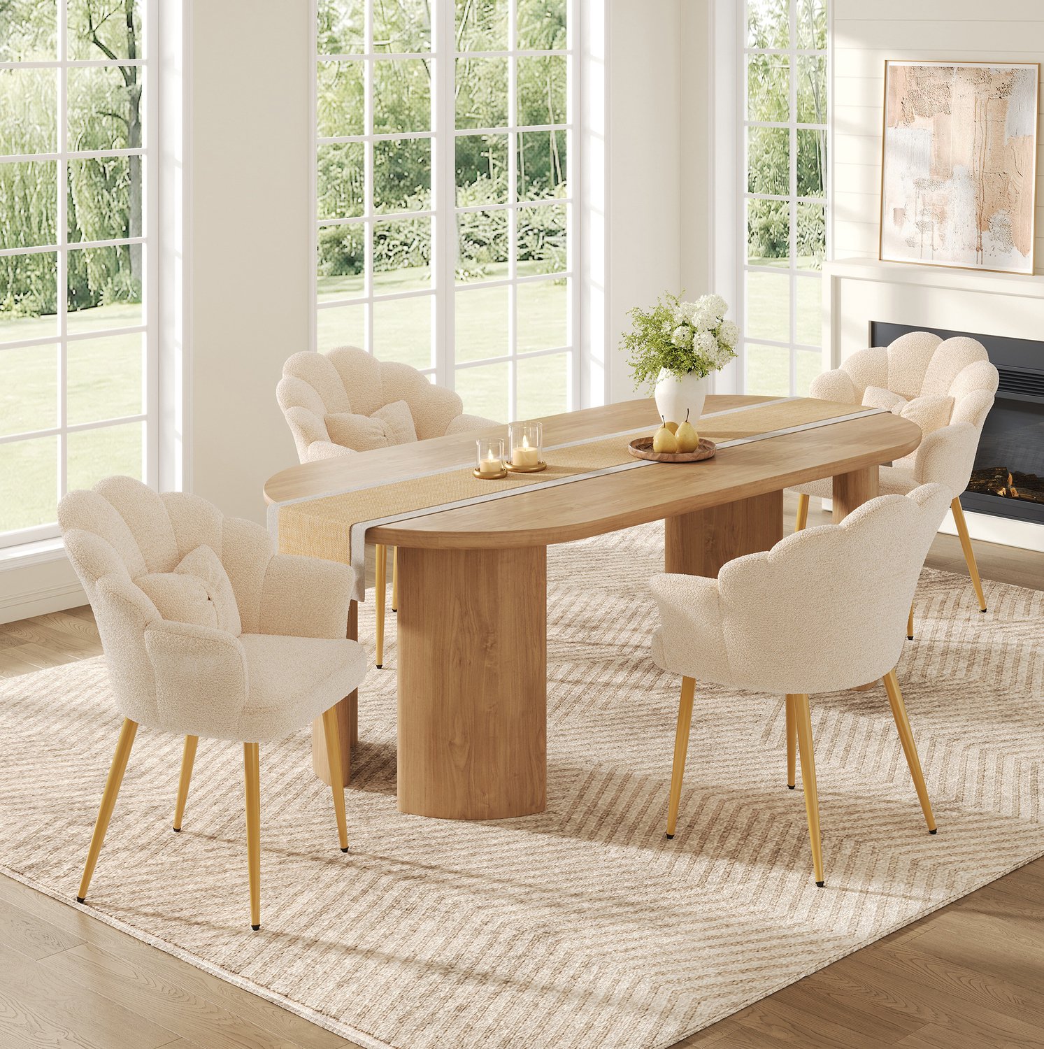 OKWISH Eetkamerstoel 64 x 65,5 x 85 cm - Set Van 4 Met Armleuningen En Kussens - Teddystof - Voor Eetkamer En Slaapkamer - Beige