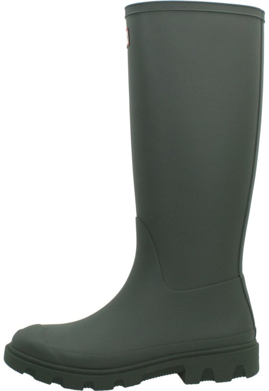 Donkergroene Hunter hoge regenlaars, zijaanzicht links met profielzool.