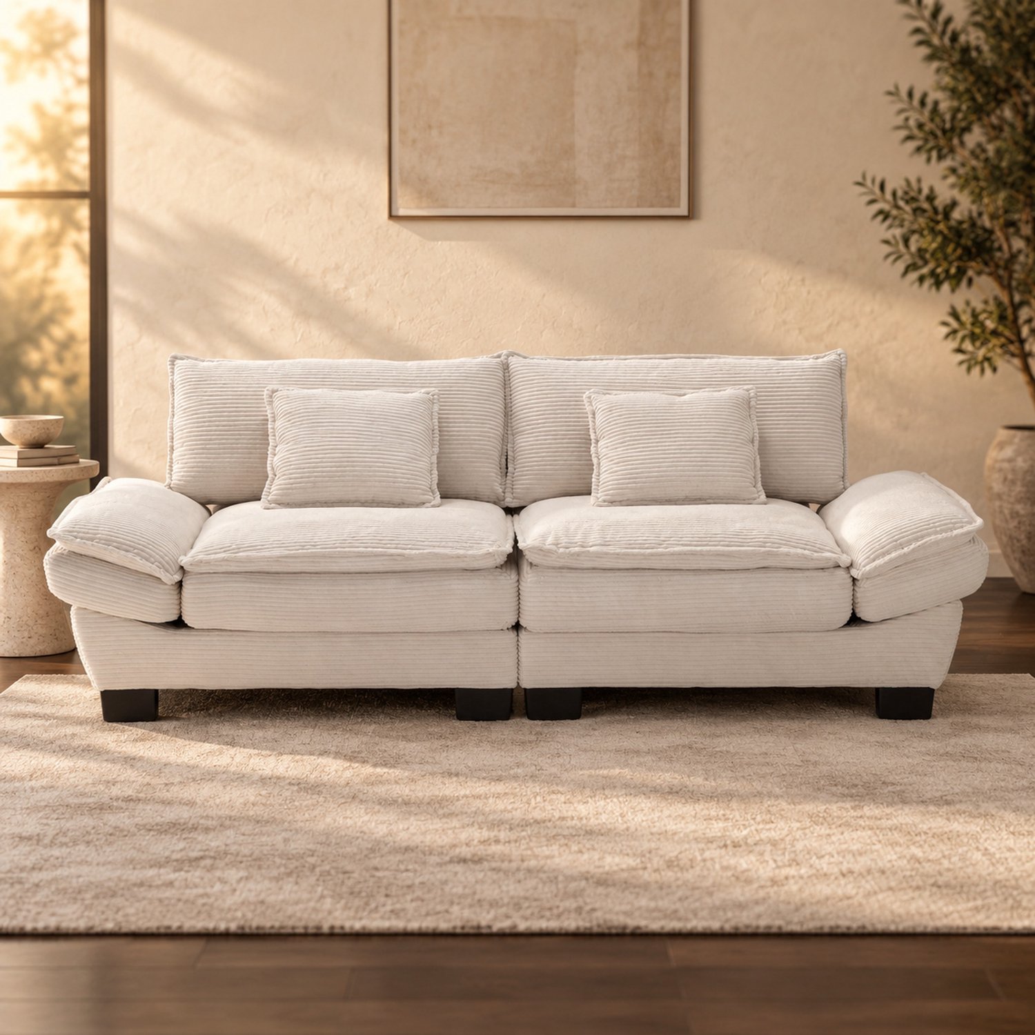 WUVRIE 2-zitsbank 224x81x81 cm - Fluwelen bekleding en 2 kussens - Beige