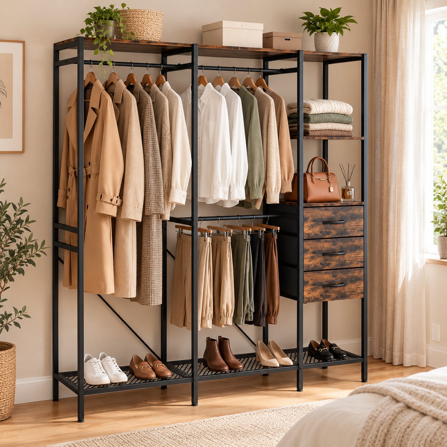 unho Open kledingkast met 3 lades - Kledingrek met 3 kledingroedes en planken - Industrieel - 150,5 x 38 x 181 cm - Zwart/bruin