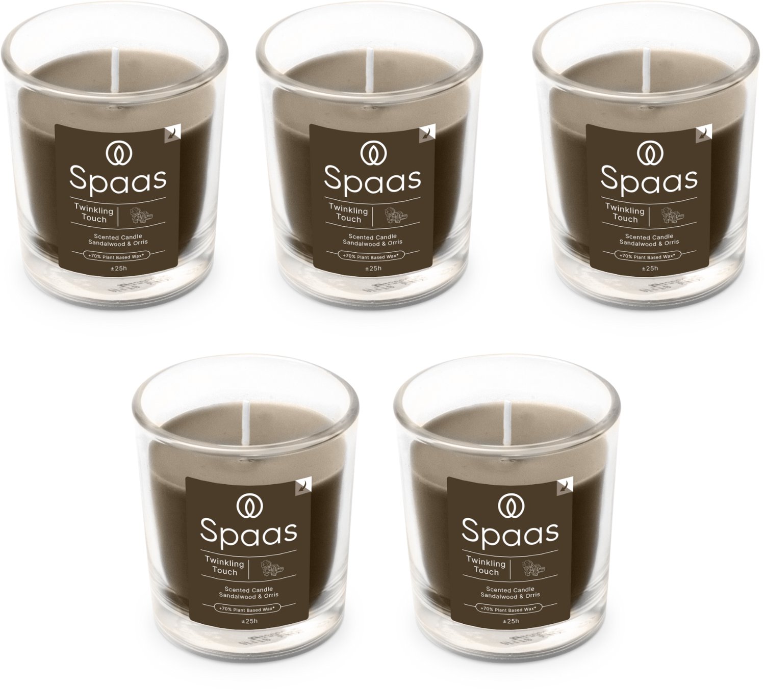 SPAAS Geurkaars in glas - Set van 5 kaarsen - Sandelhout en Irisolie - circa 25u - Twinkling Touch Kaki