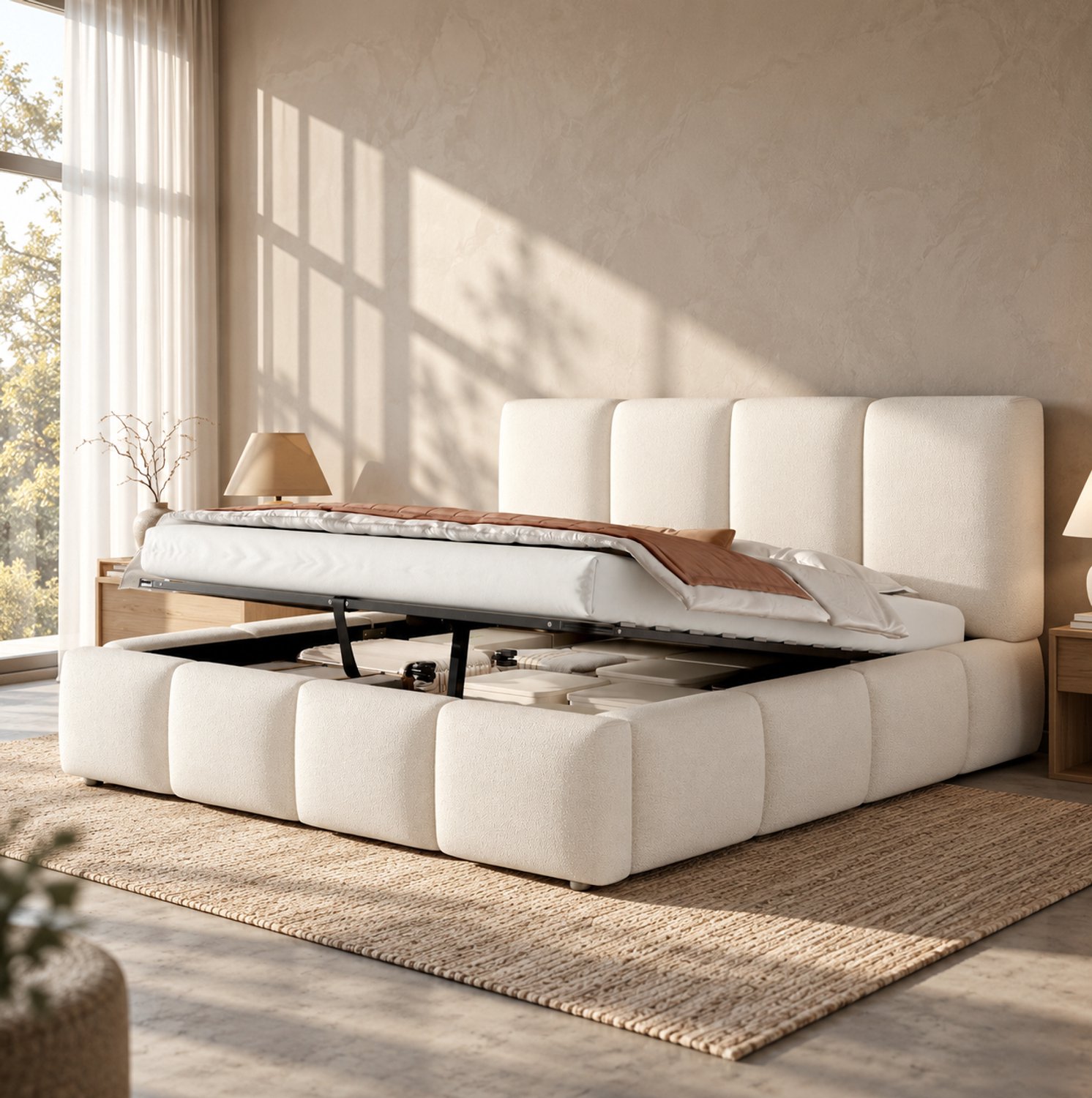 MODENUIT Gestoffeerd Bed – 180 x 200 cm – Hydraulische Opbergruimte – Bouclé – Wit – Inclusief Lattenbodem