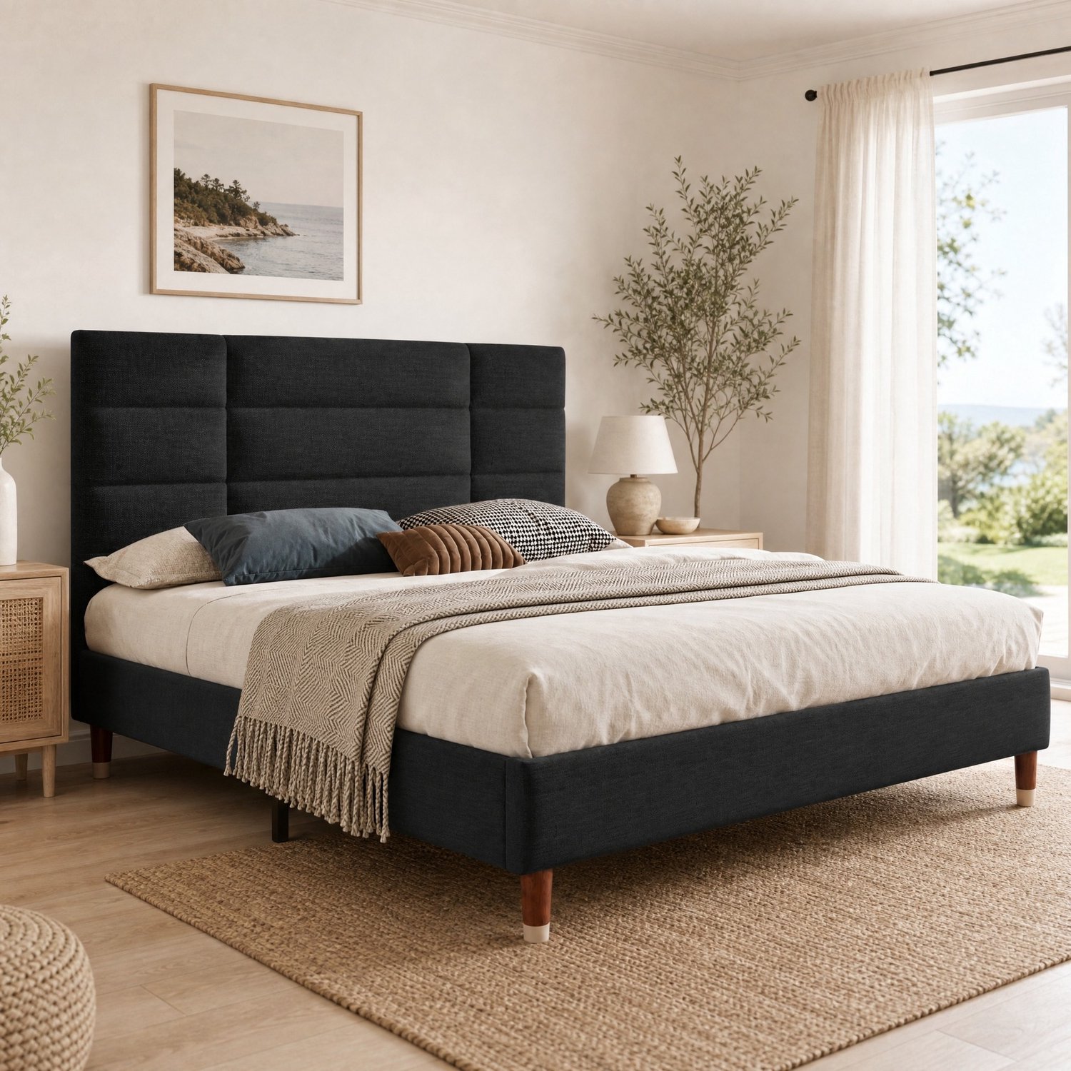 Gestoffeerd tweepersoonsbed 140 x 200 cm met lattenbodem, zwart, stof