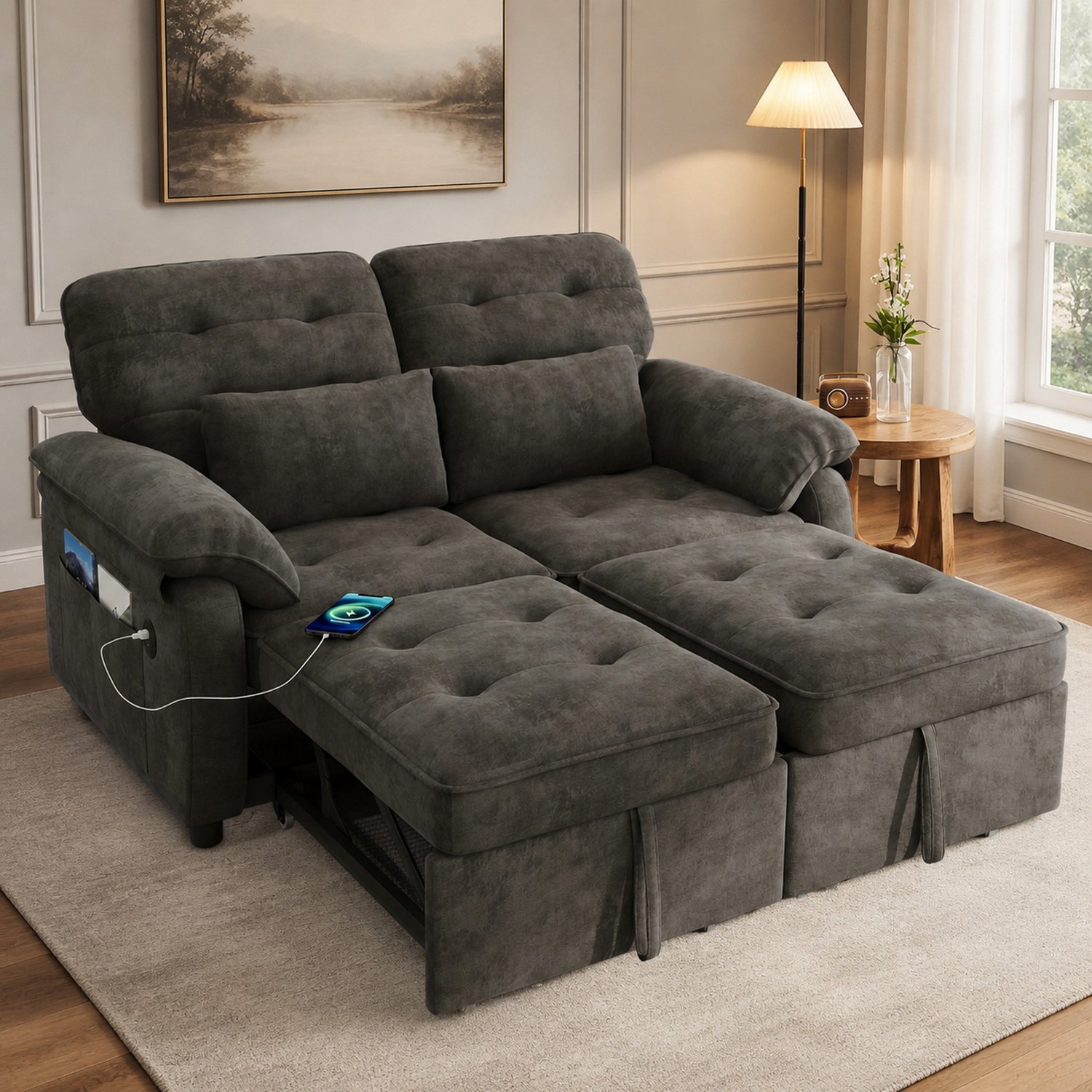 WUVRIE 3-in-1 slaapbank 142x90 cm - Verstelbare rugleuning en USB-/Type-C-aansluitingen - Grijs