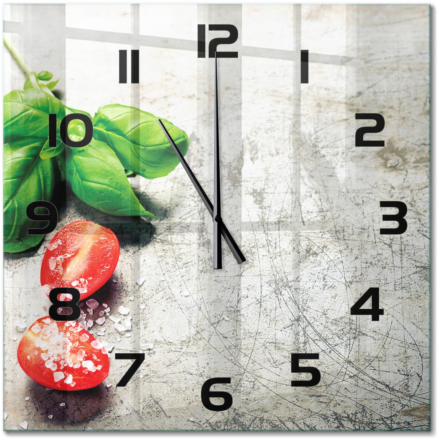 TULUP Wandklok - Tomaten en basilicum Wandklok Glas Met Motief - 60x60 cm - Rood Decoratieve Glazen Klok - Zwarte handen - Vierkante Klok - Gekleurde Glazen Klok - Glazen Klok Met Print