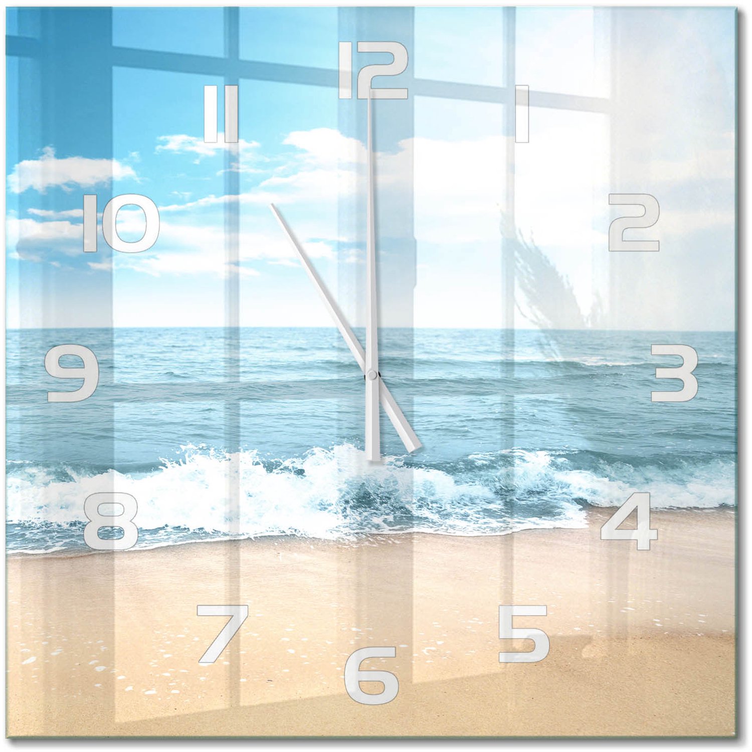 TULUP Wandklok - Strand Glazen Wandklok Design - 60x60 cm - Blauw Klok Glas Met Opdruk - Witte handen - Vierkante Klok - Wandklok Glas Met Motief - Decoratieve Glazen Klok
