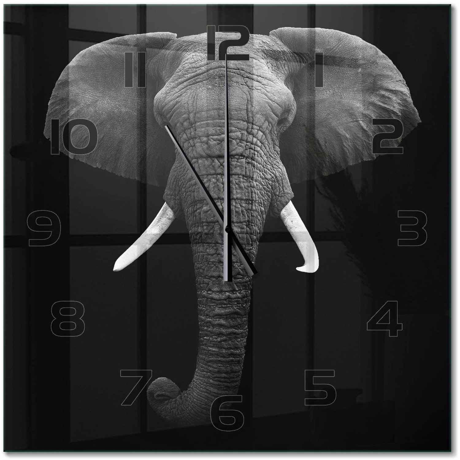 TULUP Wandklok - Afrikaanse olifant Klok Glas Met Opdruk - 60x60 cm - Zwart-wit Moderne Wandklok Glas - Zwarte handen - Vierkante Klok - Decoratieve Glazen Klok - Glazen Wandklok Design