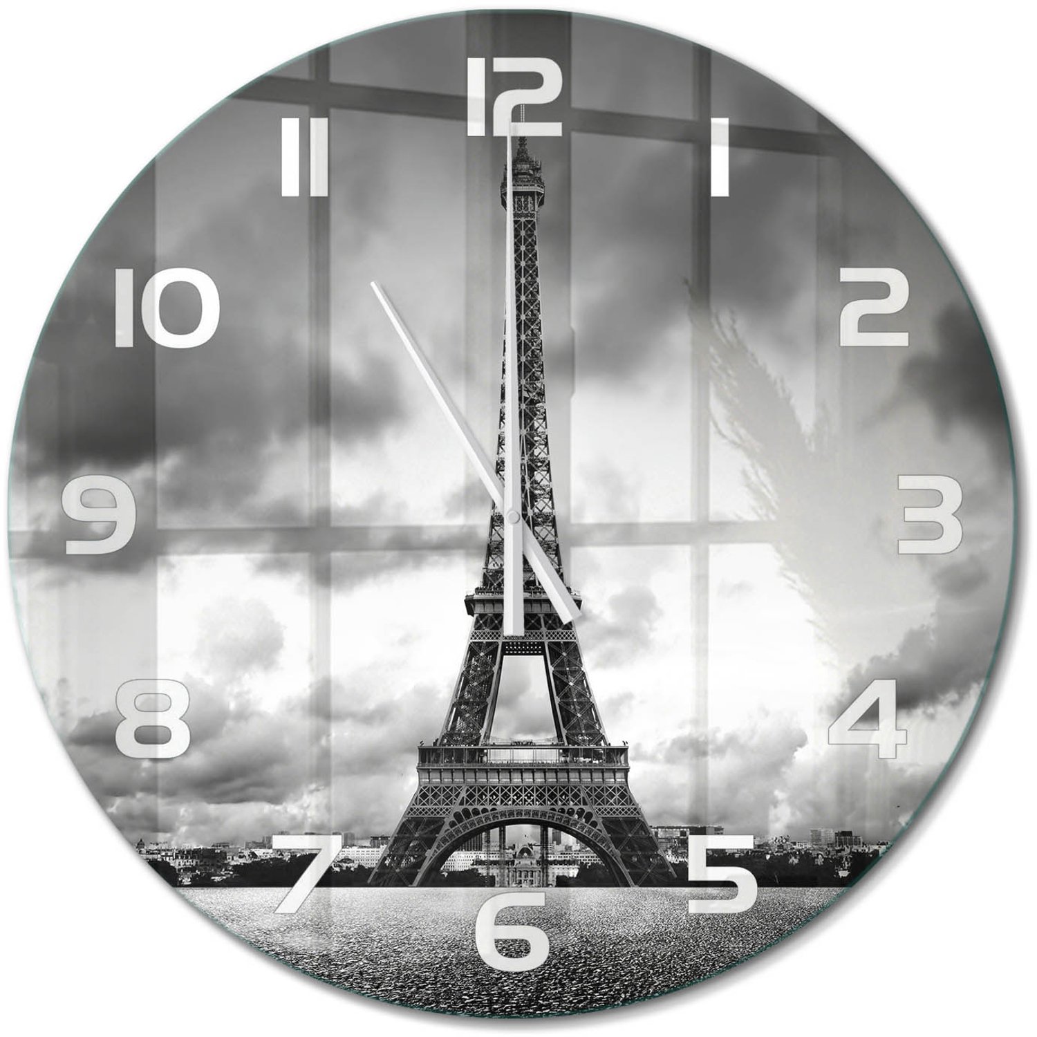 TULUP Wandklok - Eiffeltoren Parijs Klok Glas Met Opdruk - fi60 cm - Zwart-wit Moderne Wandklok Glas - Witte handen - Ronde Klok - Decoratieve Glazen Klok - Glazen Wandklok Design