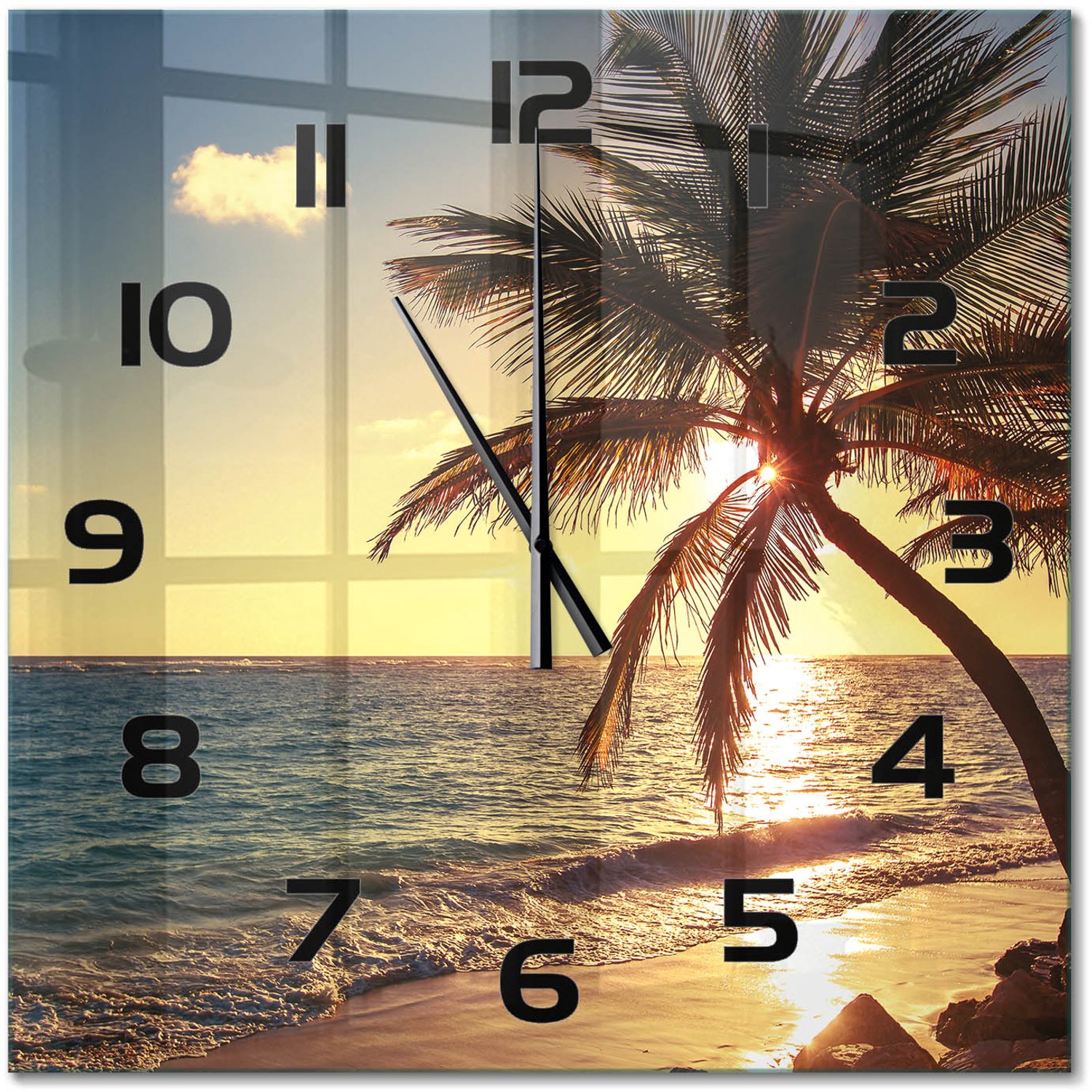 TULUP Wandklok - Tropisch strand Wandklok Glas Met Motief - 60x60 cm - Geel Decoratieve Glazen Klok - Zwarte handen - Vierkante Klok - Gekleurde Glazen Klok - Glazen Klok Met Print