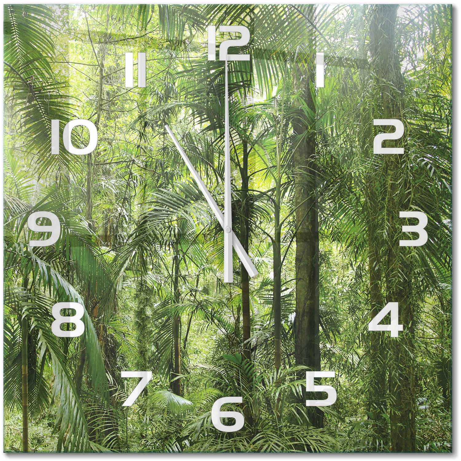 TULUP Wandklok - Tropisch bos Gekleurde Glazen Klok - 60x60 cm - Groente Glazen Klok Met Print - Witte handen - Vierkante Klok - Moderne Wandklok Glas - Wandklok Glas Decoratie