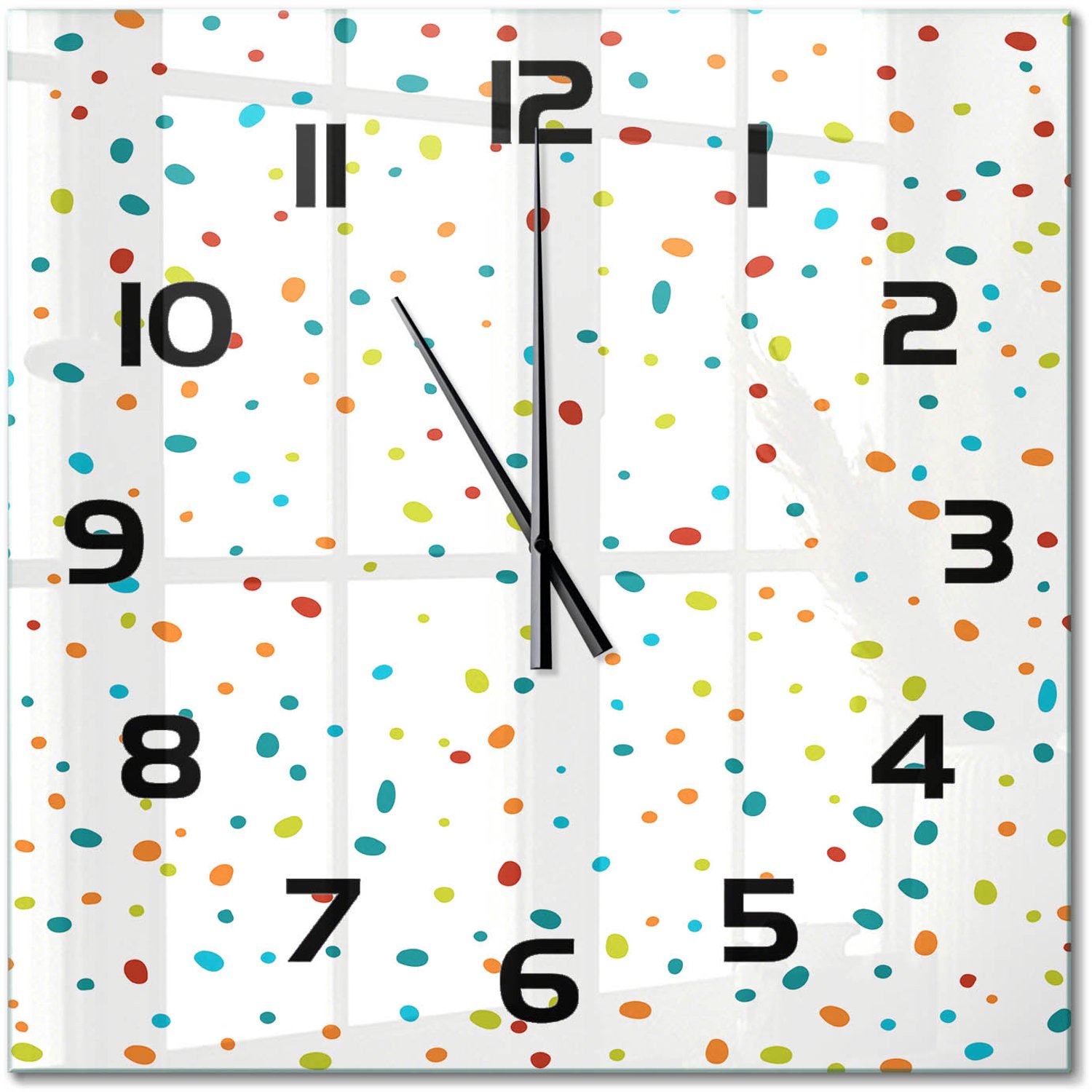 TULUP Wandklok - Kleurrijke stippen Moderne Wandklok Glas - 60x60 cm - Veelkleurig Wandklok Glas Decoratie - Zwarte handen - Vierkante Klok - Glazen Wandklok Design - Klok Glas Met Opdruk