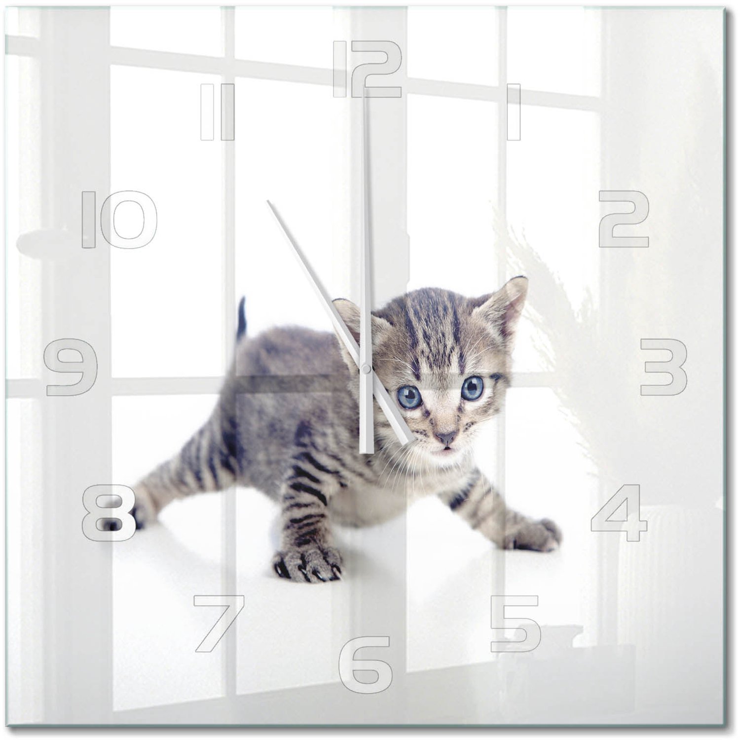 TULUP Wandklok - Kleine kat Wandklok Glas Met Motief - 60x60 cm - Grijs Decoratieve Glazen Klok - Witte handen - Vierkante Klok - Gekleurde Glazen Klok - Glazen Klok Met Print