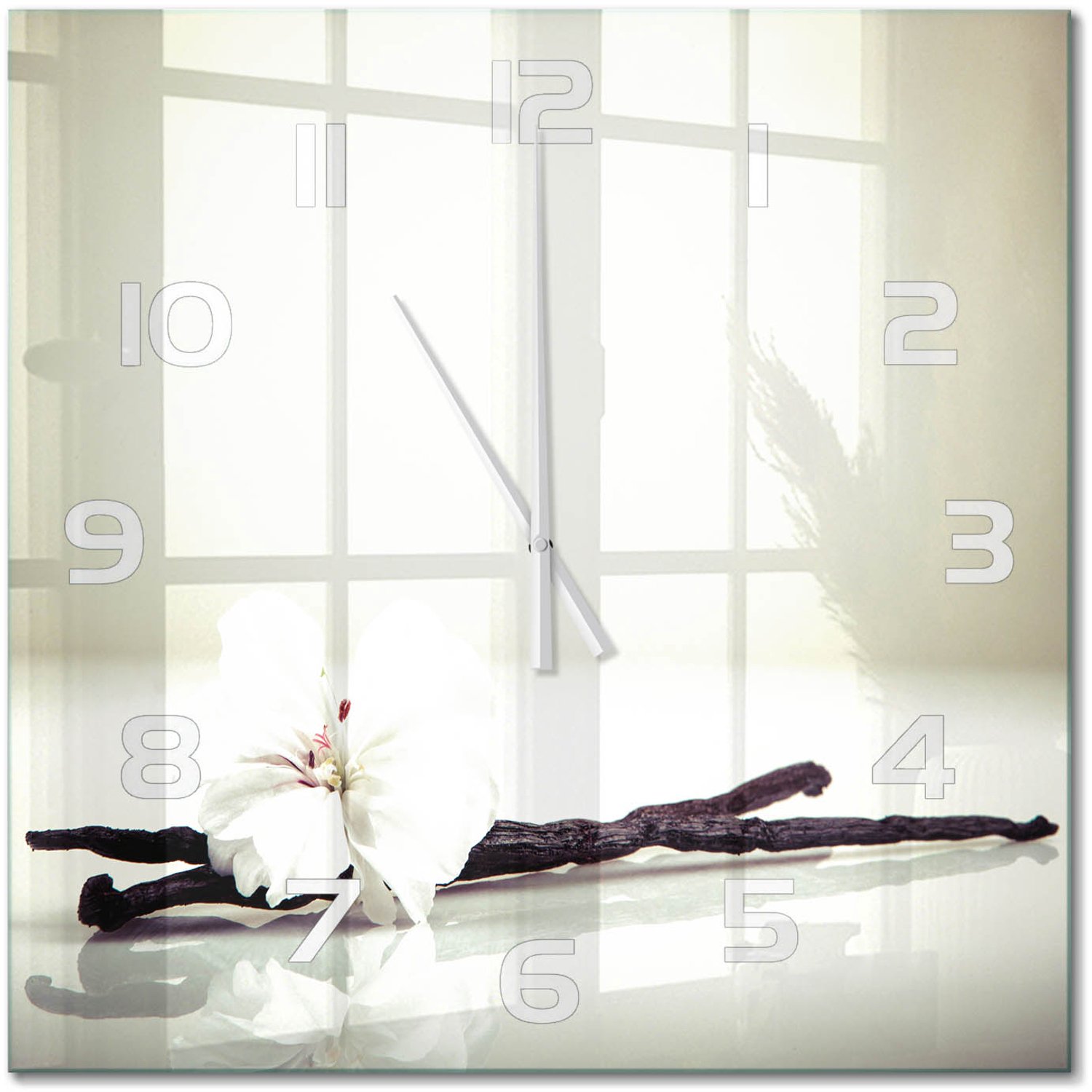 TULUP Wandklok - Vanilleboon Glazen Klok Met Print - 60x60 cm - Wit Wandklok Glas Met Motief - Witte handen - Vierkante Klok - Wandklok Glas Decoratie - Gekleurde Glazen Klok