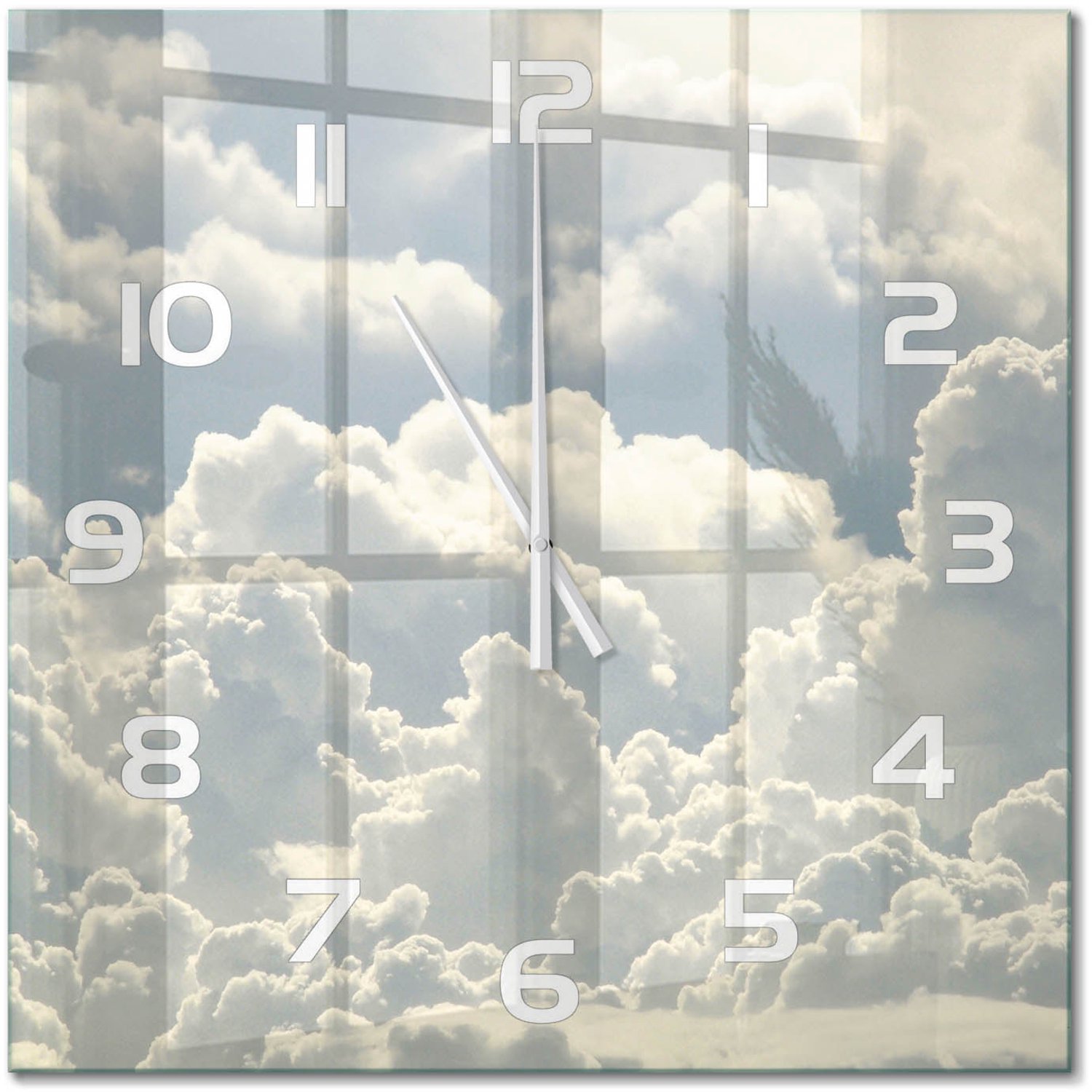TULUP Wandklok - Wolken Gekleurde Glazen Klok - 60x60 cm - Wit Glazen Klok Met Print - Witte handen - Vierkante Klok - Moderne Wandklok Glas - Wandklok Glas Decoratie