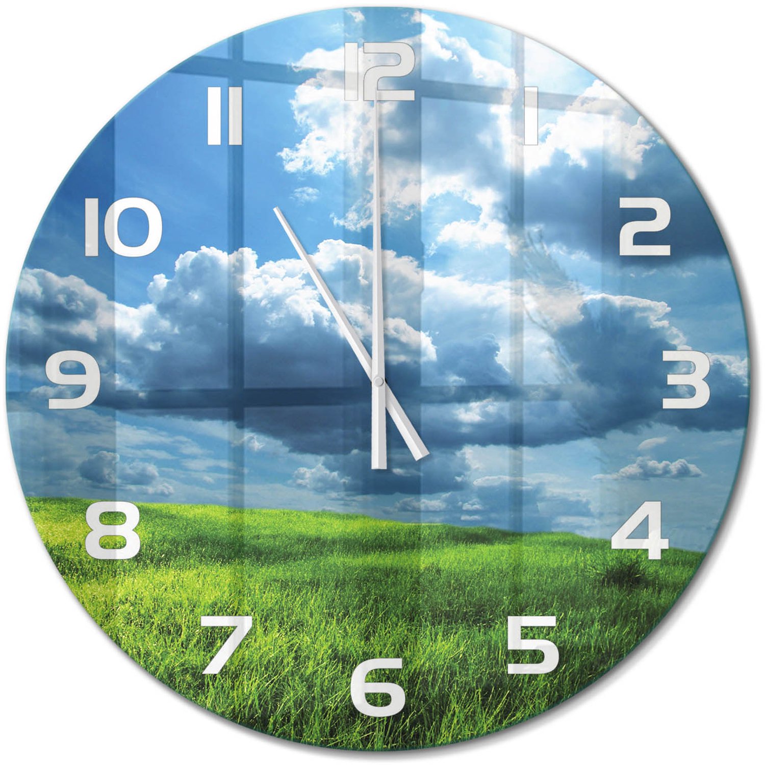 TULUP Wandklok - Wolken boven het veld Wandklok Glas Met Motief - fi60 cm - Groente Decoratieve Glazen Klok - Witte handen - Ronde Klok - Gekleurde Glazen Klok - Glazen Klok Met Print
