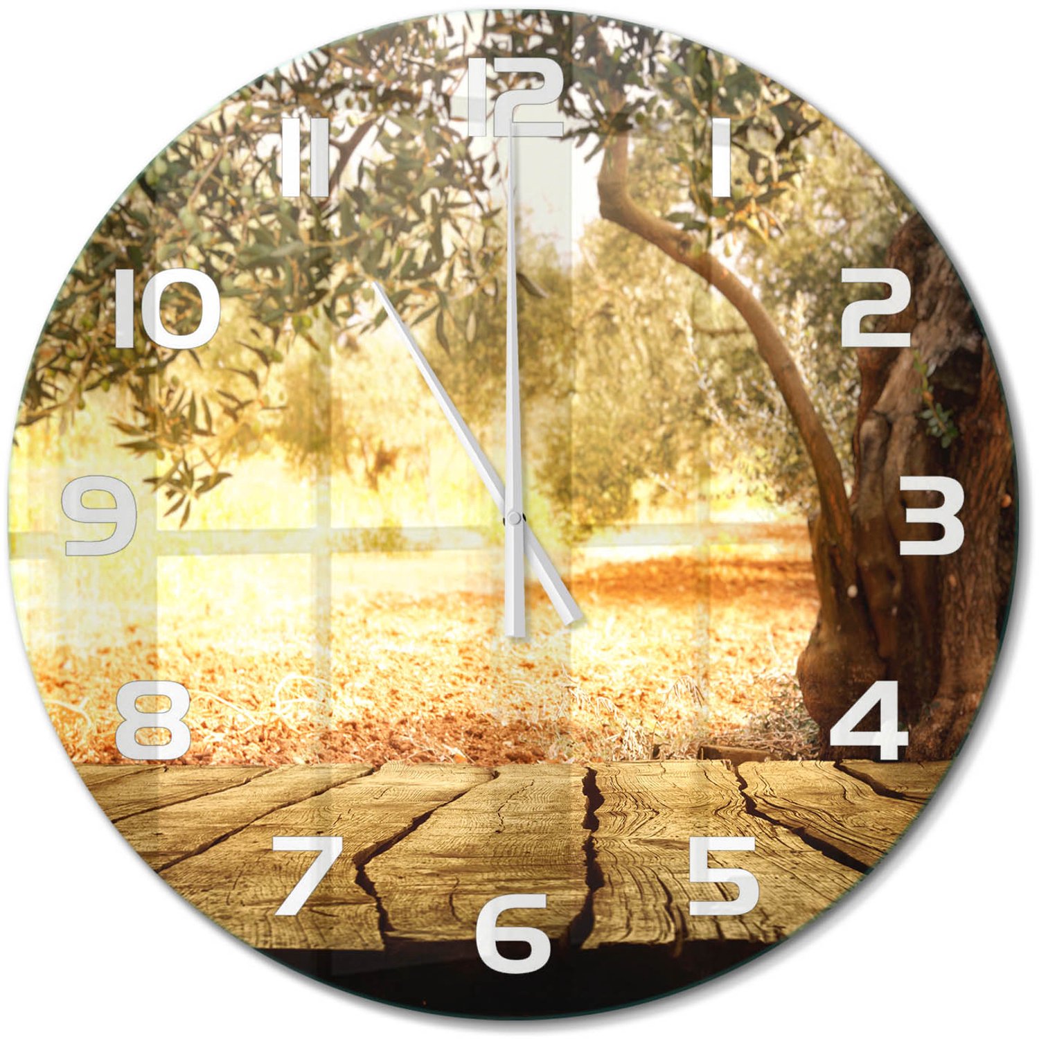 TULUP Wandklok - Olijfboom Glazen Klok Met Print - fi60 cm - Bruin Wandklok Glas Met Motief - Witte handen - Ronde Klok - Wandklok Glas Decoratie - Gekleurde Glazen Klok