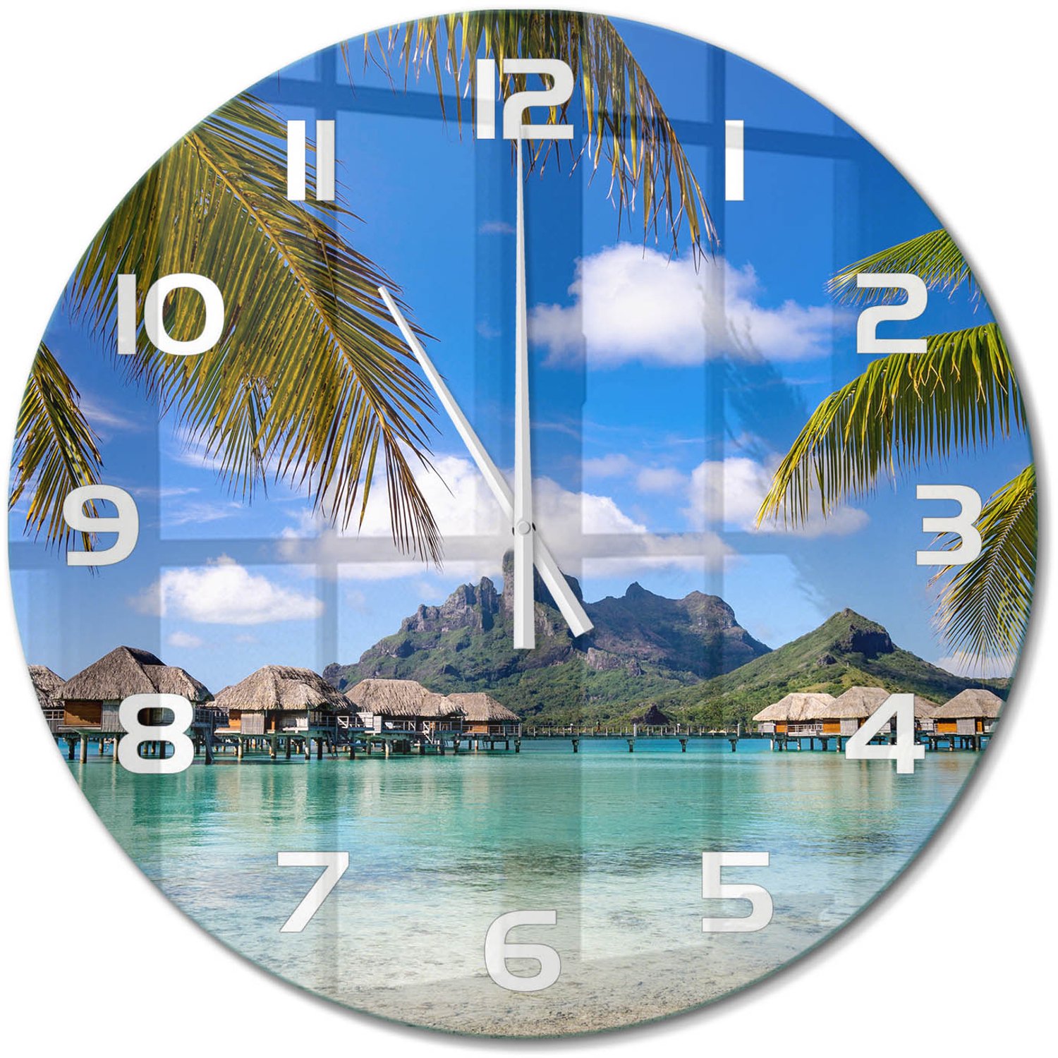 TULUP Wandklok - Palmbomen in Bora Bora Decoratieve Glazen Klok - fi60 cm - Veelkleurig Glazen Wandklok Design - Witte handen - Ronde Klok - Glazen Klok Met Print - Wandklok Glas Met Motief