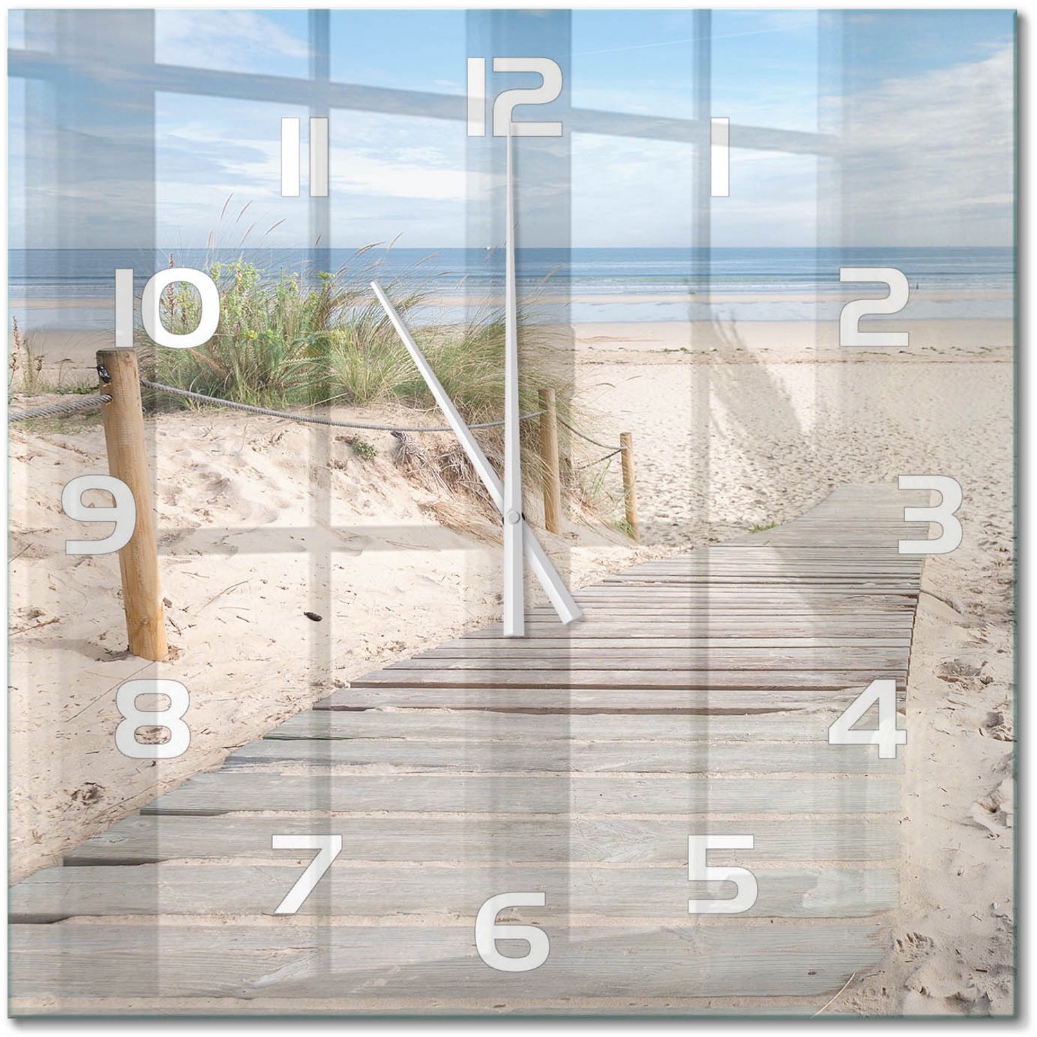 TULUP Wandklok - Strand Wandklok Glas Decoratie - 60x60 cm - Beige Gekleurde Glazen Klok - Witte handen - Vierkante Klok - Klok Glas Met Opdruk - Moderne Wandklok Glas