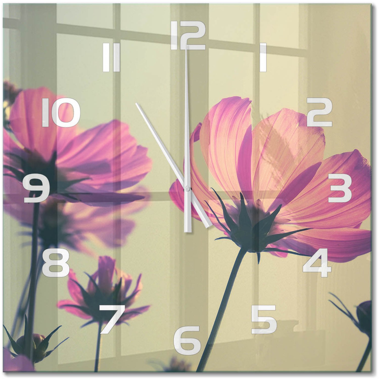 TULUP Wandklok - Roze bloemen Glazen Klok Met Print - 60x60 cm - Roze Wandklok Glas Met Motief - Witte handen - Vierkante Klok - Wandklok Glas Decoratie - Gekleurde Glazen Klok