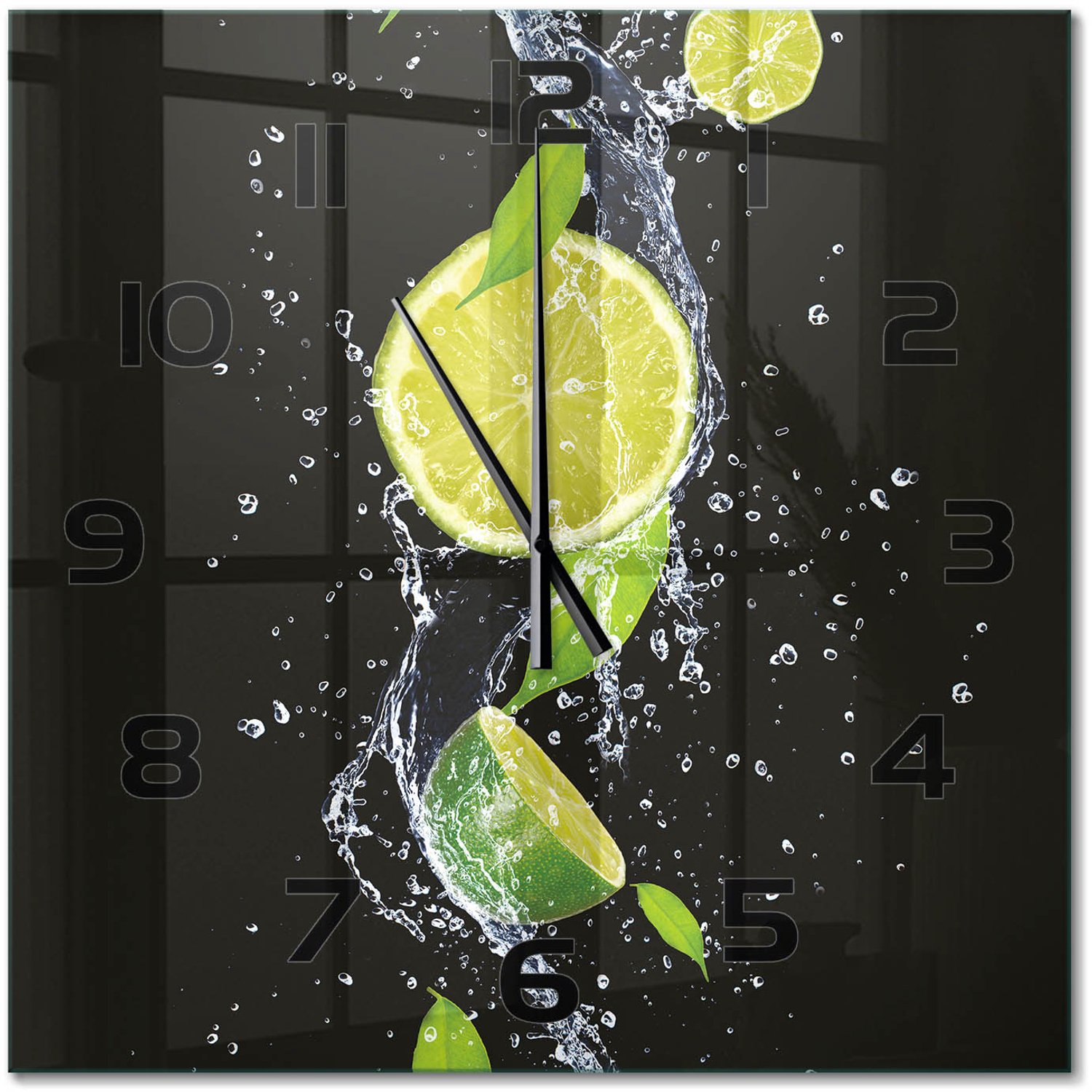 TULUP Wandklok - Kalk en water Klok Glas Met Opdruk - 60x60 cm - Groente Moderne Wandklok Glas - Zwarte handen - Vierkante Klok - Decoratieve Glazen Klok - Glazen Wandklok Design