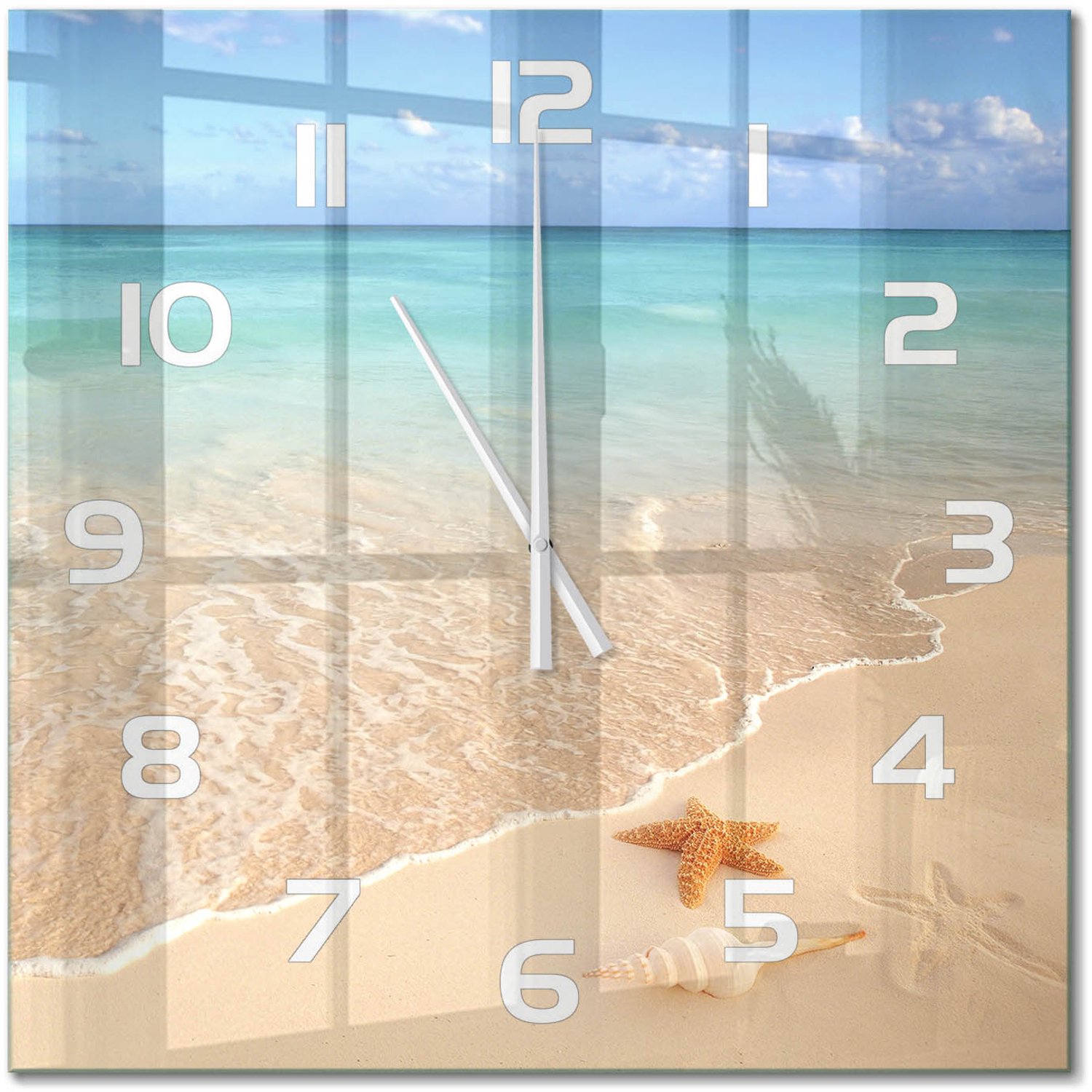 TULUP Wandklok - Zeesterren op het strand Moderne Wandklok Glas - 60x60 cm - Blauw Wandklok Glas Decoratie - Witte handen - Vierkante Klok - Glazen Wandklok Design - Klok Glas Met Opdruk