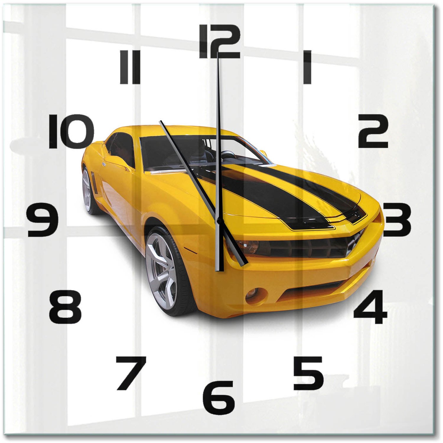 TULUP Wandklok - Sportwagen Gekleurde Glazen Klok - 60x60 cm - Geel Glazen Klok Met Print - Zwarte handen - Vierkante Klok - Moderne Wandklok Glas - Wandklok Glas Decoratie