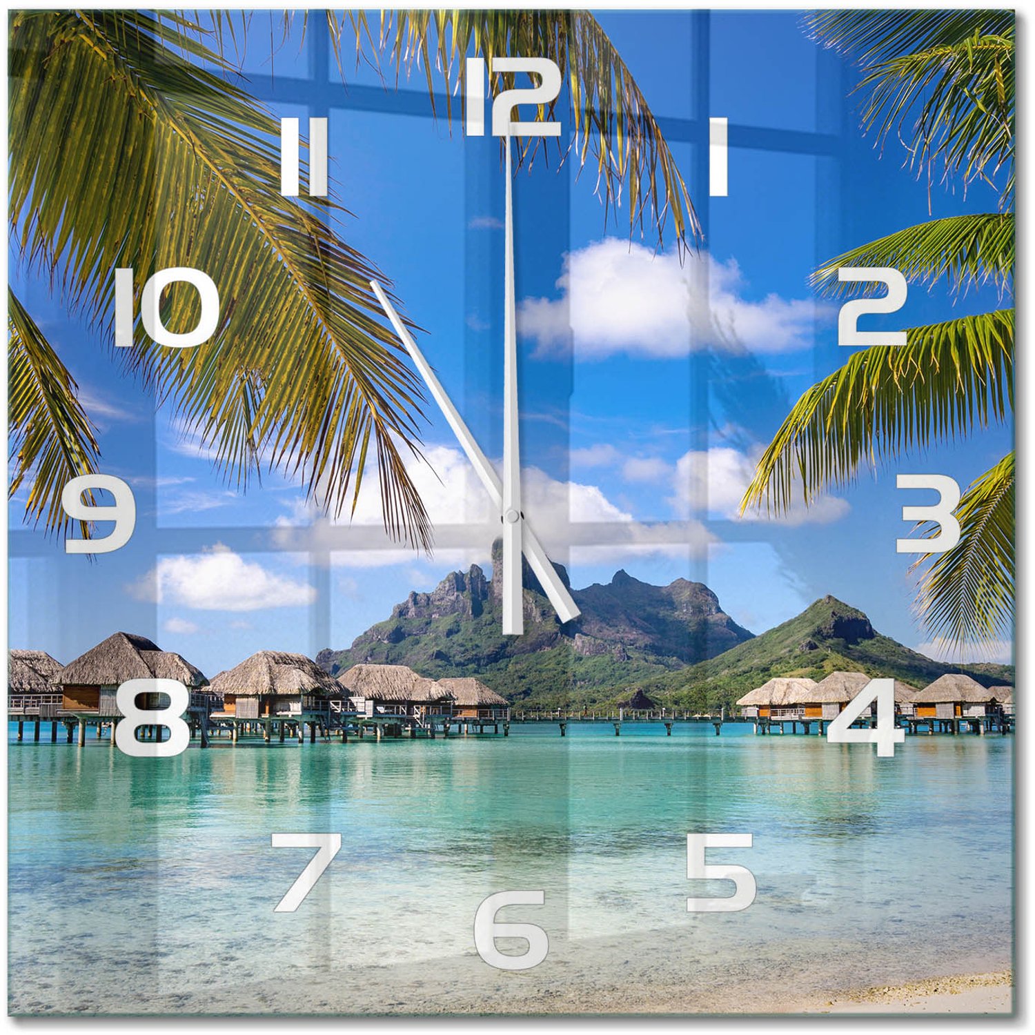 TULUP Wandklok - Palmbomen in Bora Bora Wandklok Glas Decoratie - 60x60 cm - Veelkleurig Gekleurde Glazen Klok - Witte handen - Vierkante Klok - Klok Glas Met Opdruk - Moderne Wandklok Glas