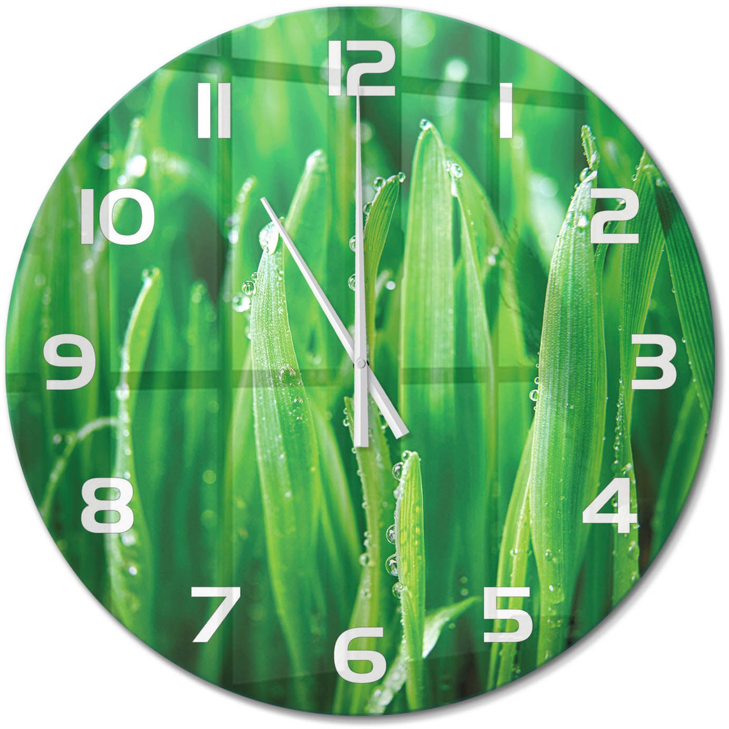 TULUP Wandklok - Gras Decoratieve Glazen Klok - fi60 cm - Groente Glazen Wandklok Design - Witte handen - Ronde Klok - Glazen Klok Met Print - Wandklok Glas Met Motief