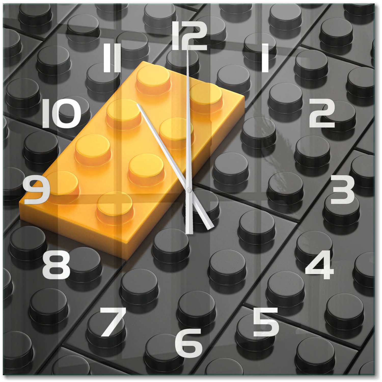 TULUP Wandklok - Lego Glazen Klok Met Print - 60x60 cm - Geel Wandklok Glas Met Motief - Witte handen - Vierkante Klok - Wandklok Glas Decoratie - Gekleurde Glazen Klok
