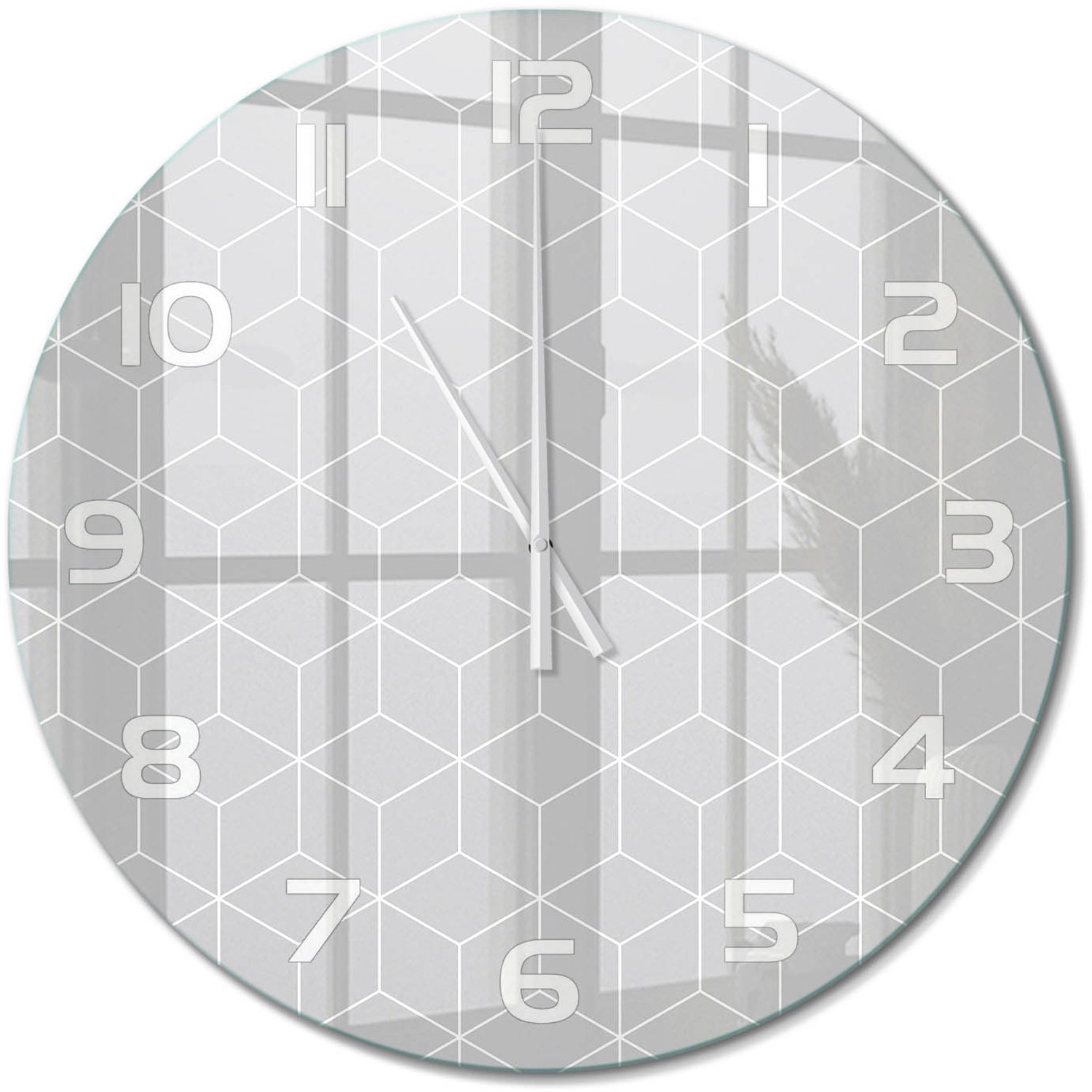 TULUP Wandklok - Geometrische achtergrond Moderne Wandklok Glas - fi60 cm - Grijs Wandklok Glas Decoratie - Witte handen - Ronde Klok - Glazen Wandklok Design - Klok Glas Met Opdruk