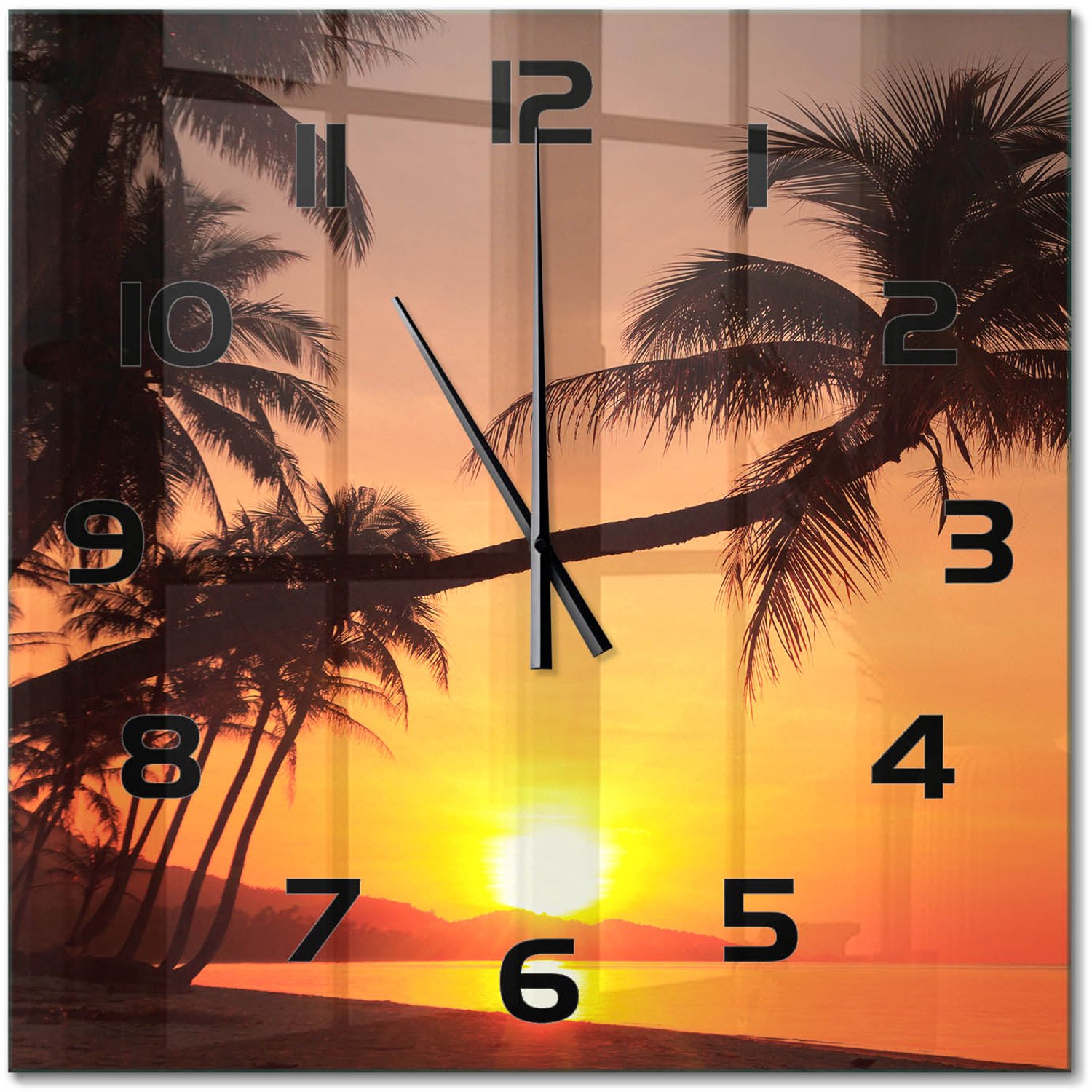 TULUP Wandklok - Zonsondergangstrand Decoratieve Glazen Klok - 60x60 cm - Oranje Glazen Wandklok Design - Zwarte handen - Vierkante Klok - Glazen Klok Met Print - Wandklok Glas Met Motief