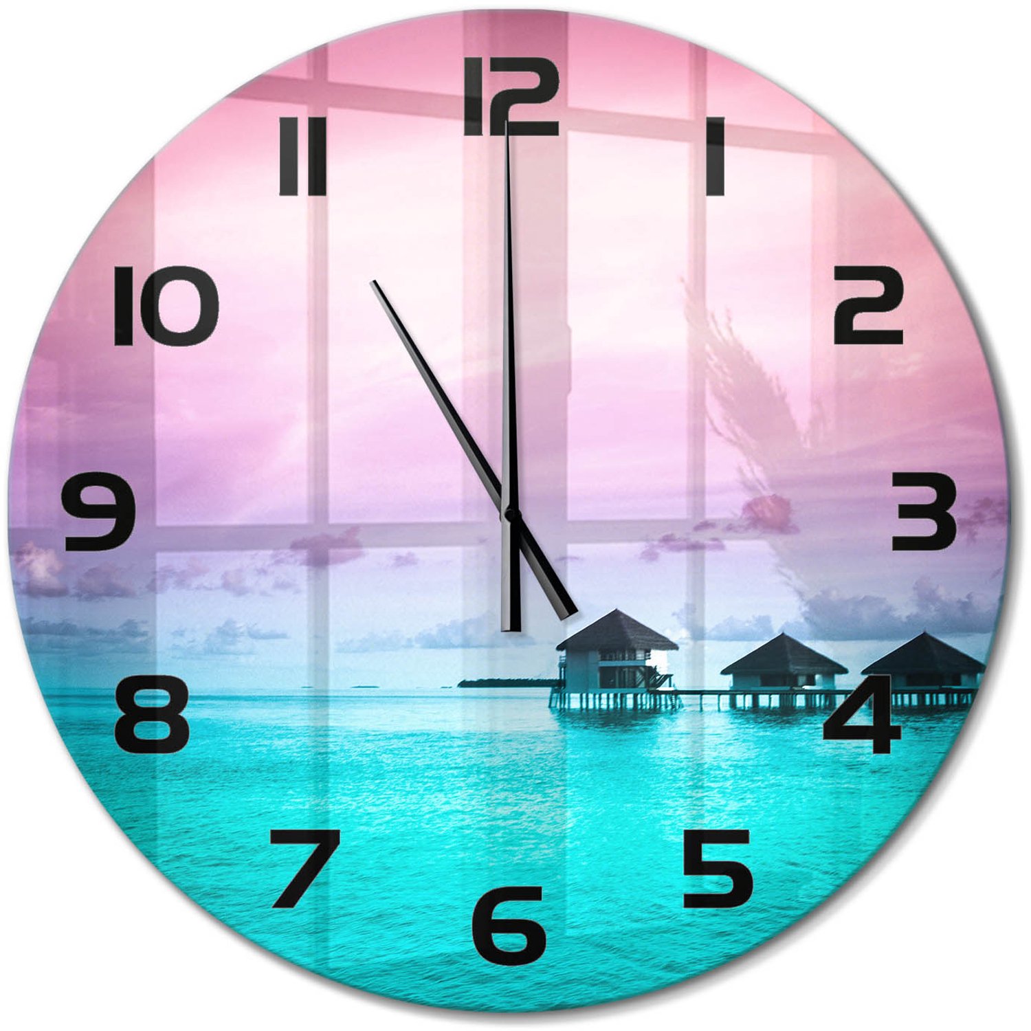 TULUP Wandklok - Bungalows aan het water Wandklok Glas Decoratie - fi60 cm - Blauw Gekleurde Glazen Klok - Zwarte handen - Ronde Klok - Klok Glas Met Opdruk - Moderne Wandklok Glas