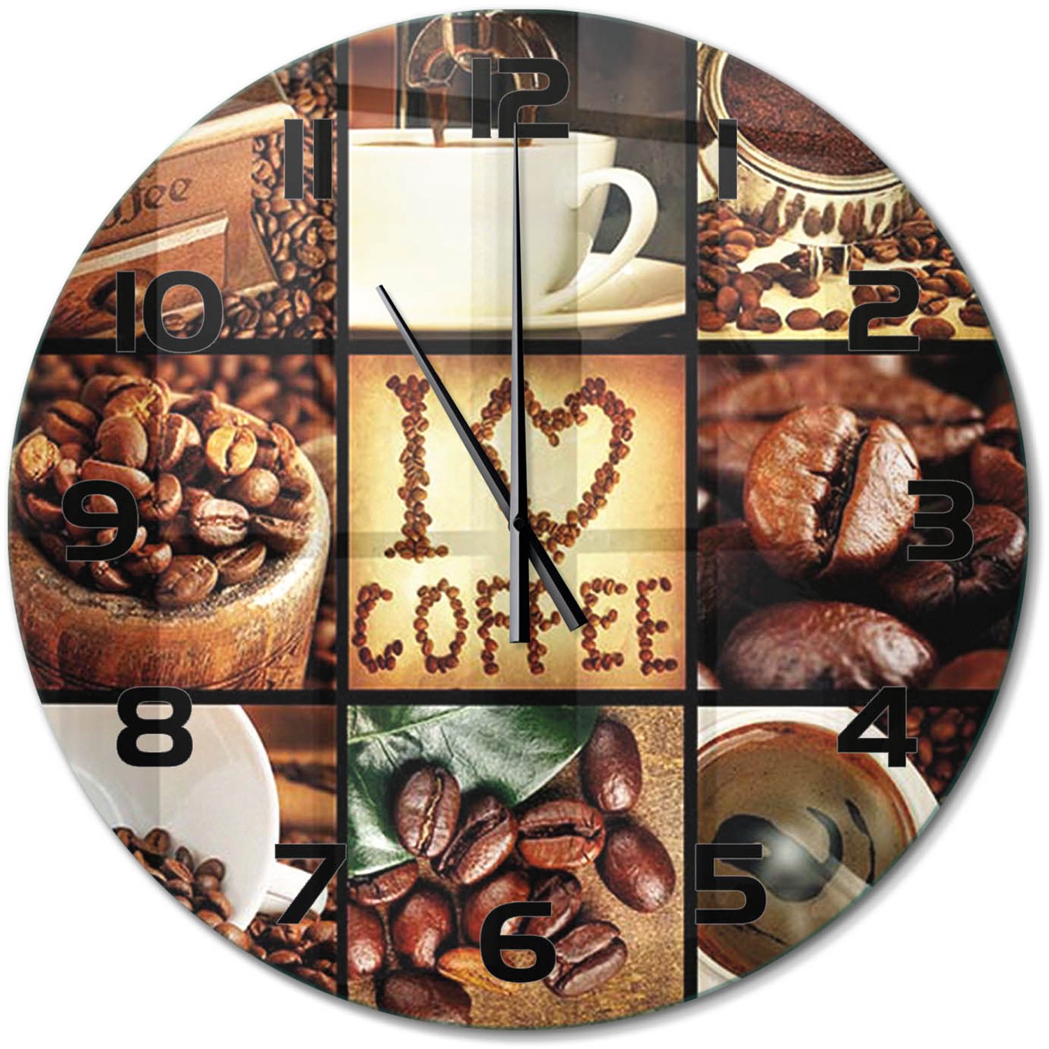 TULUP Wandklok - Koffiecollage Wandklok Glas Met Motief - fi60 cm - Bruin Decoratieve Glazen Klok - Zwarte handen - Ronde Klok - Gekleurde Glazen Klok - Glazen Klok Met Print