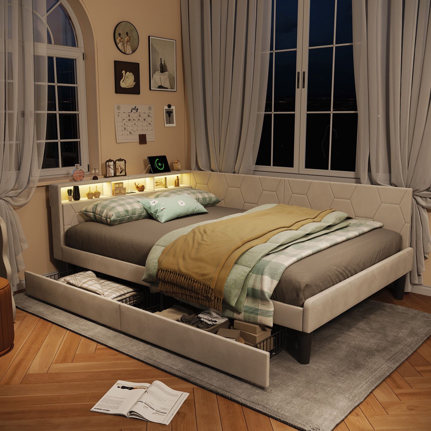 Mofor Gestoffeerd Opbergbed 90x200 cm - LED - eenpersoonsbed Met Laden, USB En Leeslamp- Hout - Modern - Beige