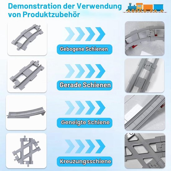 67-delig bouwstenen treinrails set, compatibel met marktleider, veranderbare treinbaan, rechte en gebogen rails — afbeelding 5