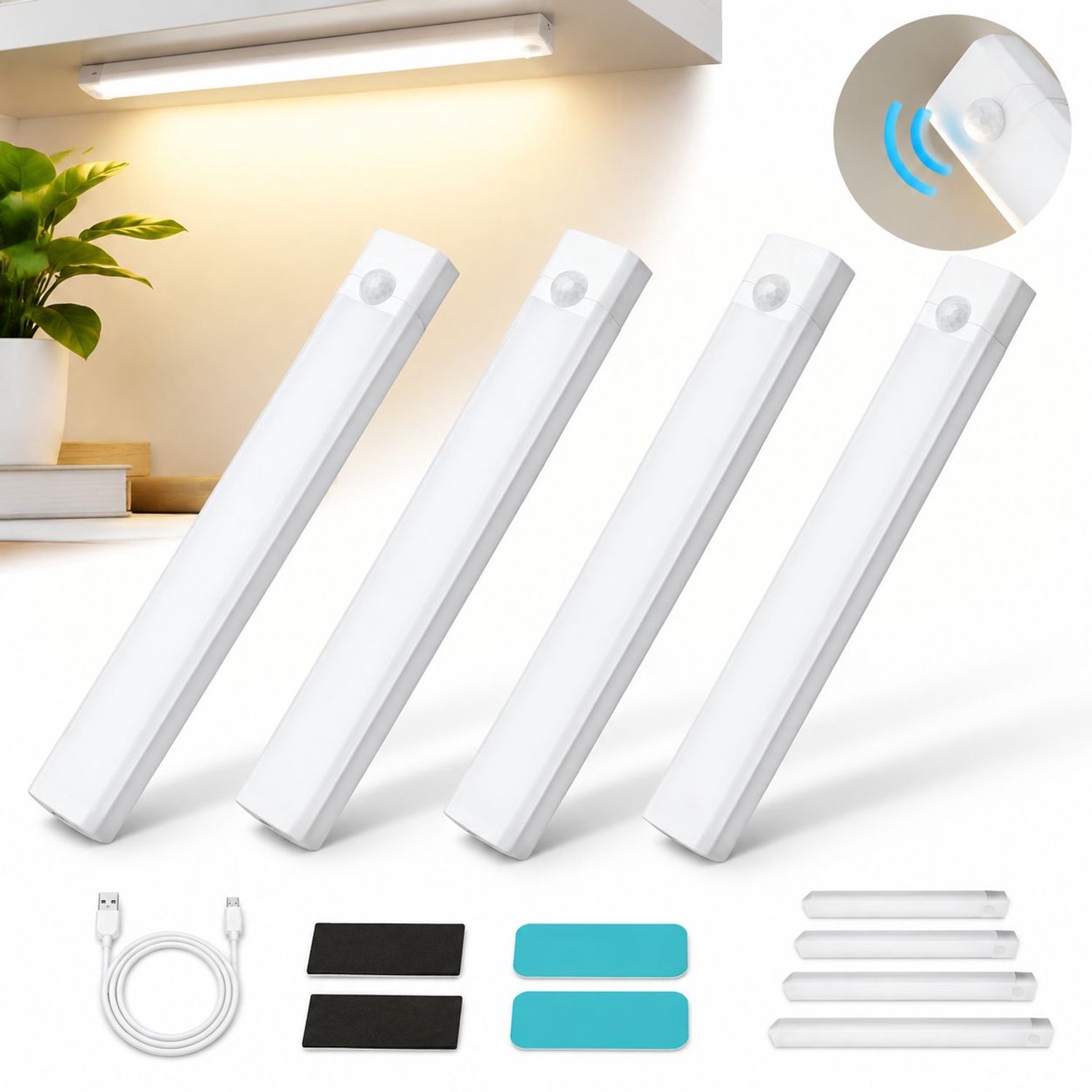 VHV Lamp - 4 Stuks Boorvrije Bewegingssensor LED en - Magnetische Oplaadbare Slimme Lamp Binnen, Wit 10 cm/3,9 inch Hoofdafbeelding kleur