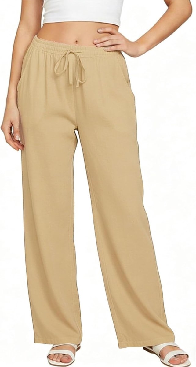 Zomerbroek voor dames, casual, katoenen linnen, hoge taille, elastisch, lange broek, comfortabel, licht, vloeiend, brede strandbroek met zakken