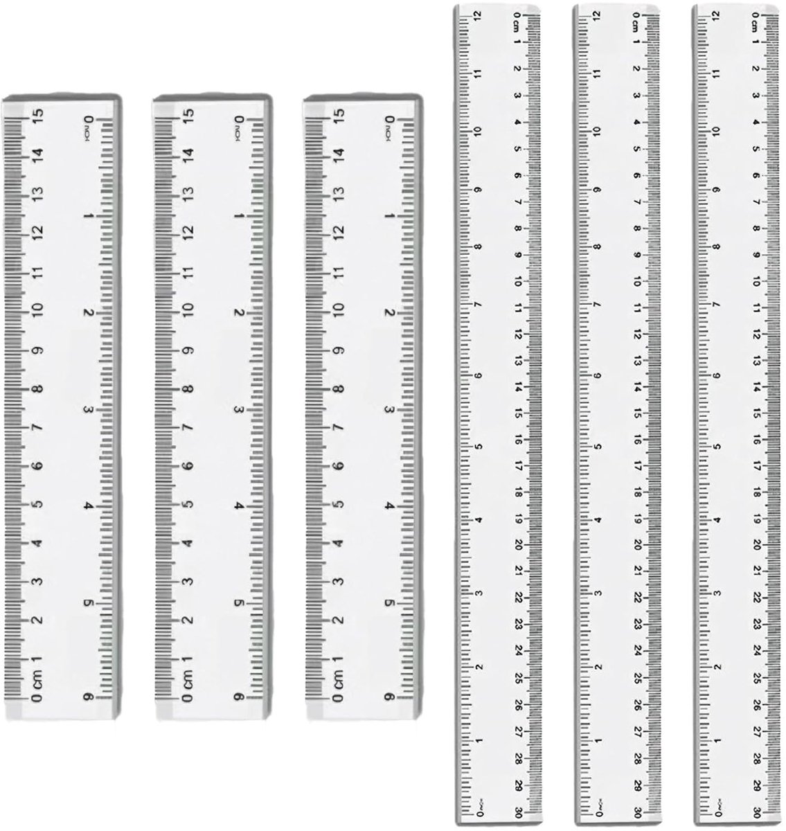 Linialen, 3 stuks linialen, 30 cm en 3 stuks linialen van 15 cm, met metrische schaal en inch, ideaal voor school, basisschool, kantoor en thuis, onbreekbaar