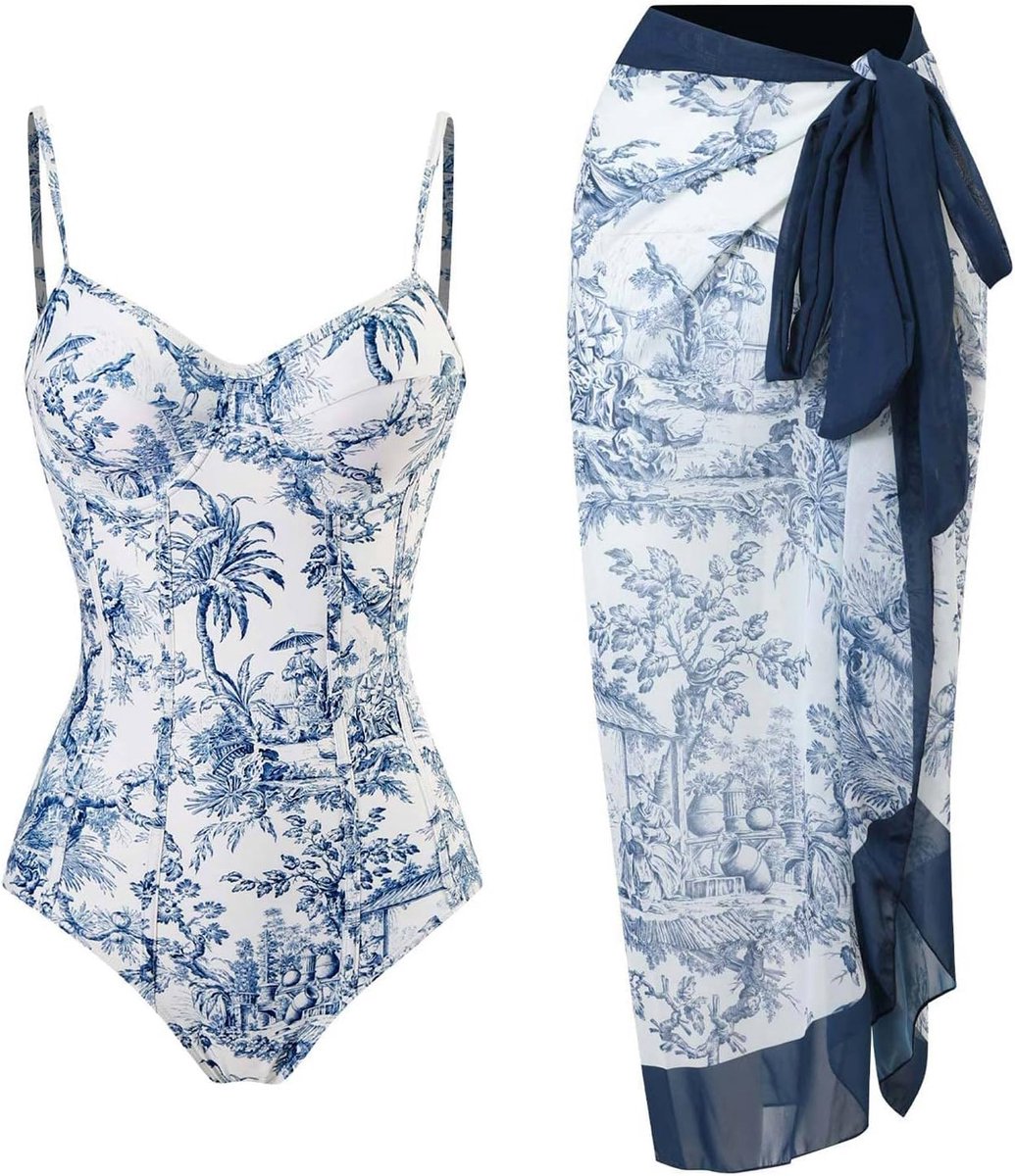 Vrouwen bescheiden monokini eendelig badpak met bijpassende sarong set strand cover up 2 stuks set