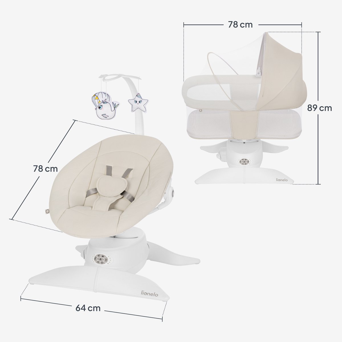 Lionelo Vivi Set Elektrische Babywipstoel 2in1 – Babyschommel & Wipstoel vanaf Geboorte tot 9 kg – - 360° Draaibare Zitting - Bewegingssensor - Bluetooth - Afstandsbediening - 5 Schommelsnelheden - T25 Matras – foto 4